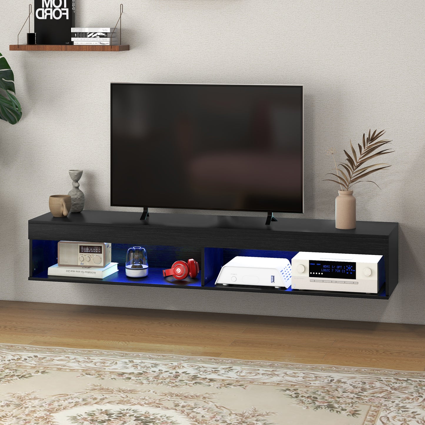 Modern Wall Mounted TV Stand with Storage and LED Lights for TVs up to 75", Floating TV Shelf for Living Room, Black