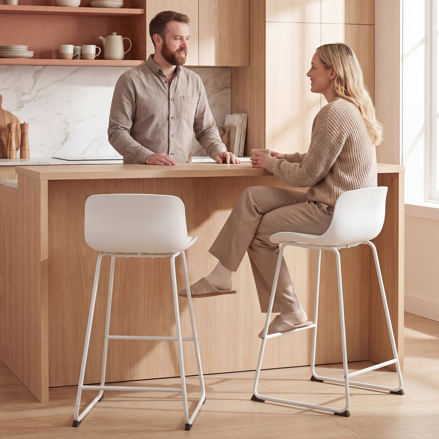 Modern Bar Stools Set of 2, PU Leather Barstools, Counter Height Kitchen Chairs for Breakfast Bars, Dining Room, White