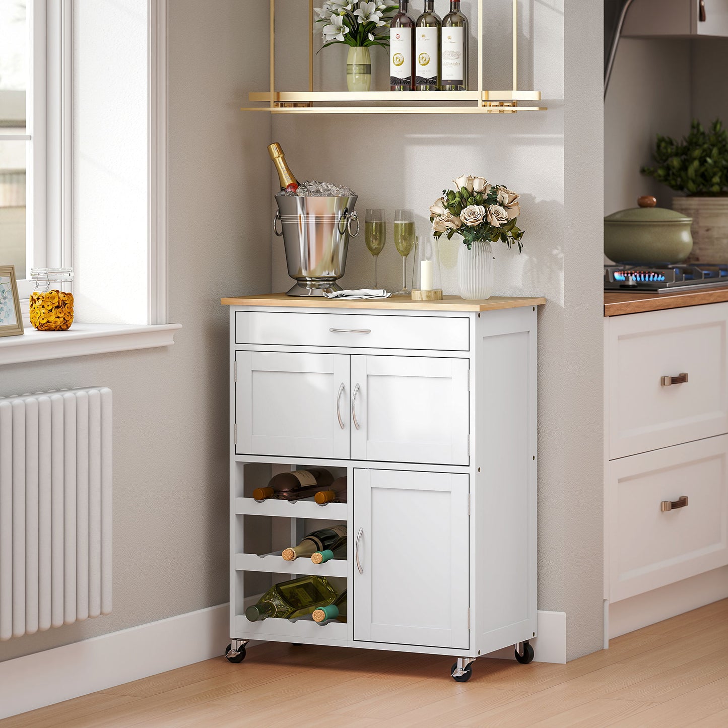 Rolling Kitchen Cart, Kitchen Island with Storage Drawer, 9-bottle Wine Rack, Door Cabinets, Wooden Countertop, White
