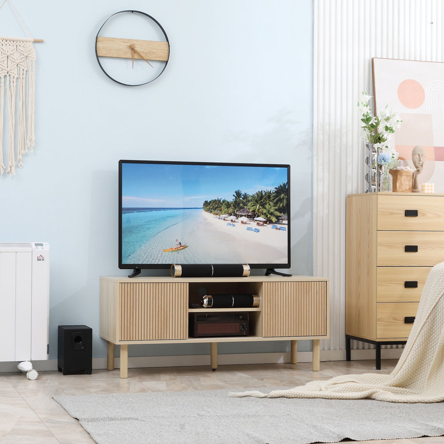 Modern TV Stand for TVs up to 50", TV Cabinet with Storage Shelves for Living Room, Natural