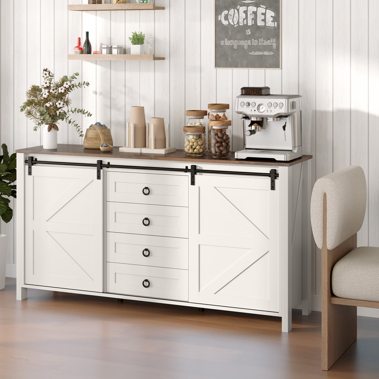 60" Buffet Cabinet, Farmhouse Sideboard with Sliding Barn Doors, Drawers and Adjustable Shelves, Cream White