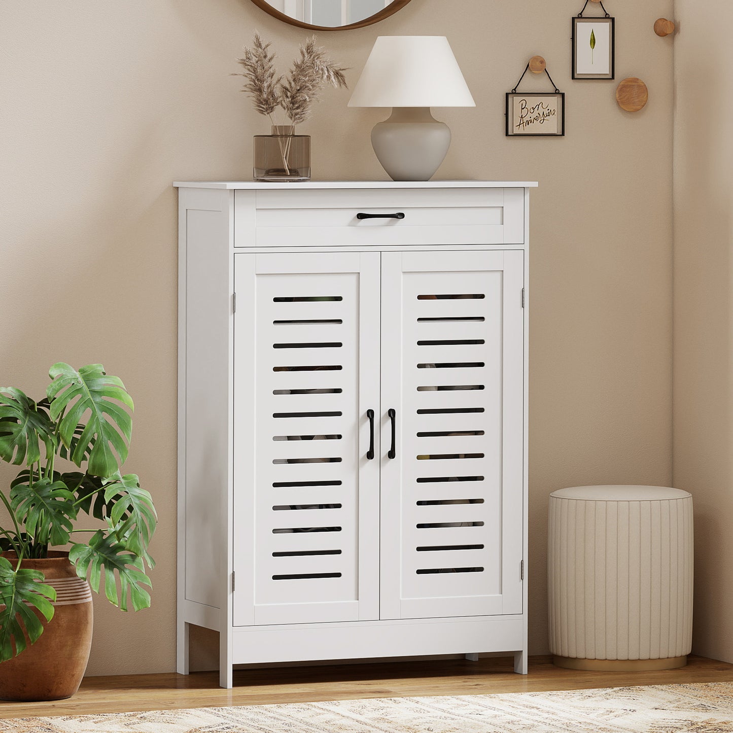 Shoe Cabinet with Louvered Doors, Modern Shoe Storage Cabinet with Drawer and Adjustable Shelves, White