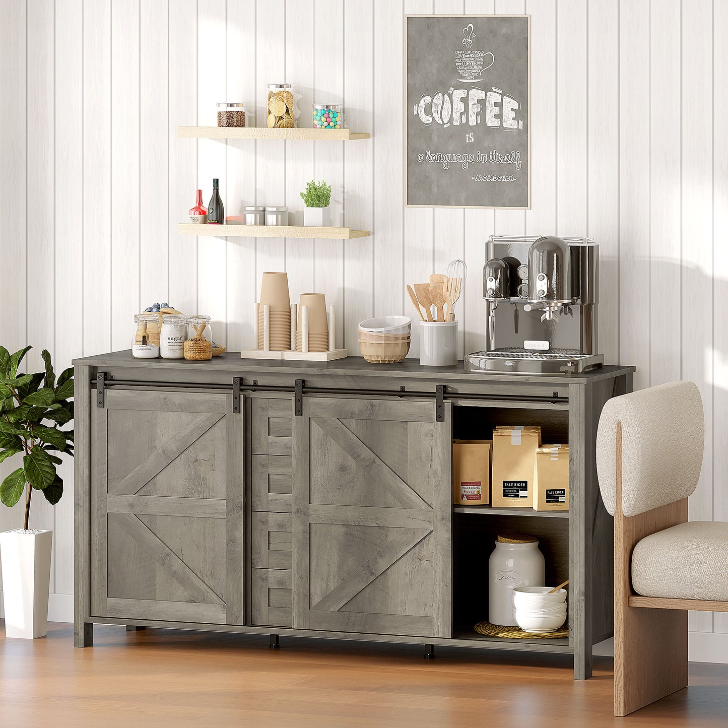 60" Buffet Cabinet, Farmhouse Sideboard with Sliding Barn Doors, Drawers and Adjustable Shelves, Distressed Light Grey