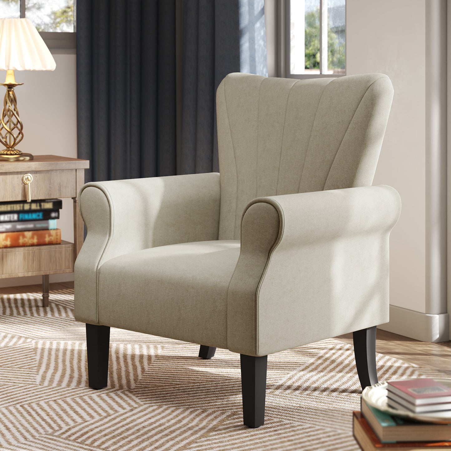 Fabric Armchair, Modern Accent Chair with Wood Legs for Living Room, Bedroom, Home Office, Beige