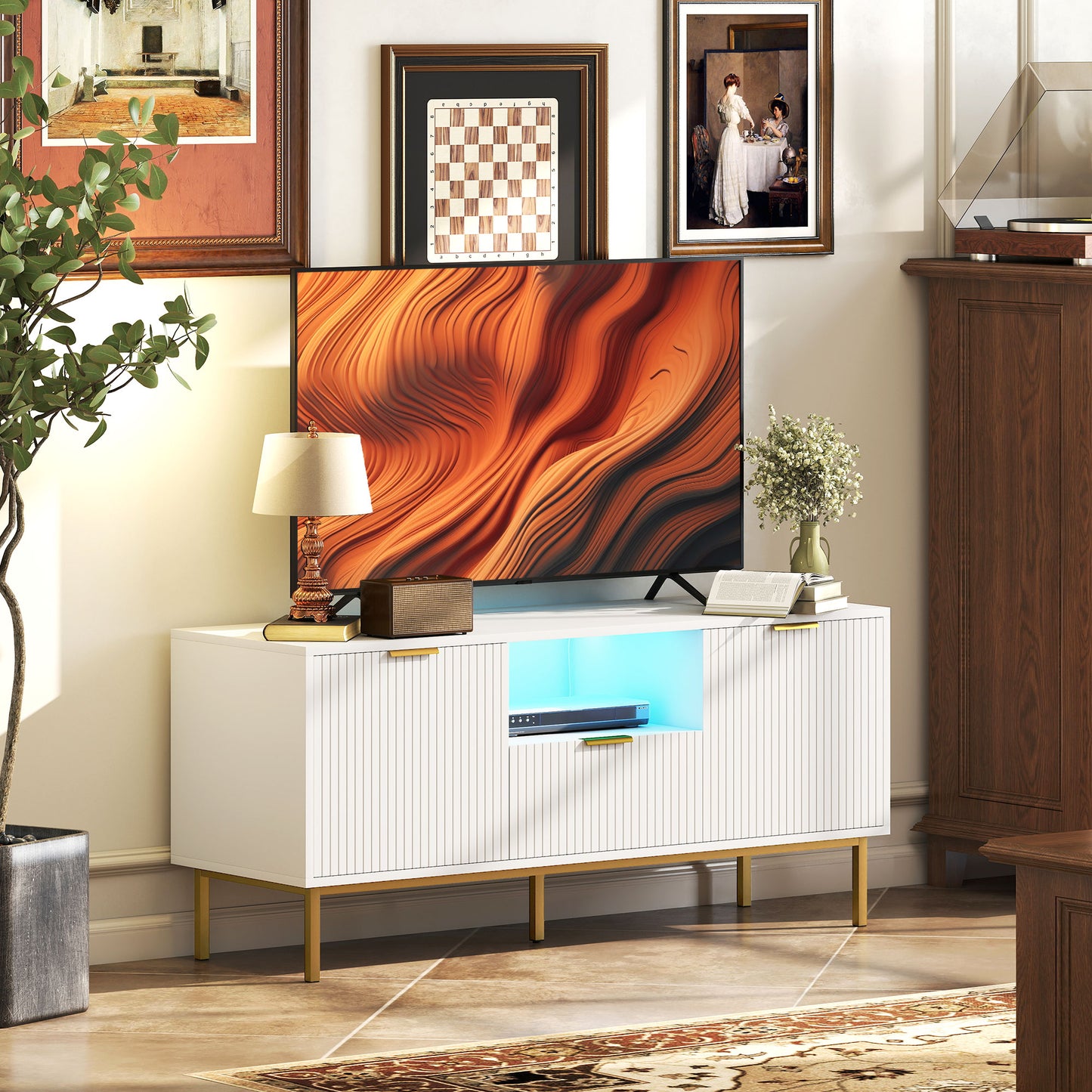 Modern TV Console for TVs up to 50 Inch, Entertainment Center with Smart RGB LED Lights and Soft Close Doors, White