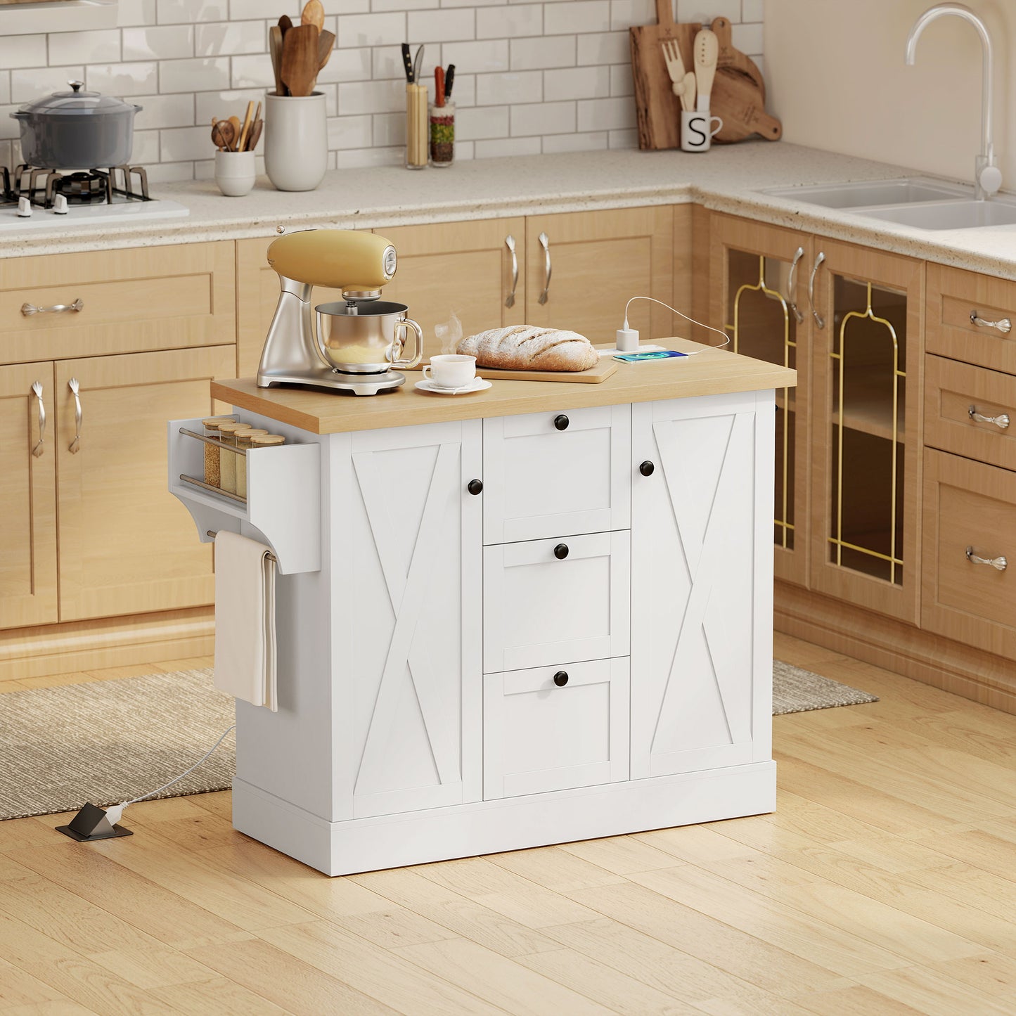 Farmhouse Kitchen Island Cart with Power Outlet and Soft-Close Doors, 49" Kitchen Island with 3 Drawers, White