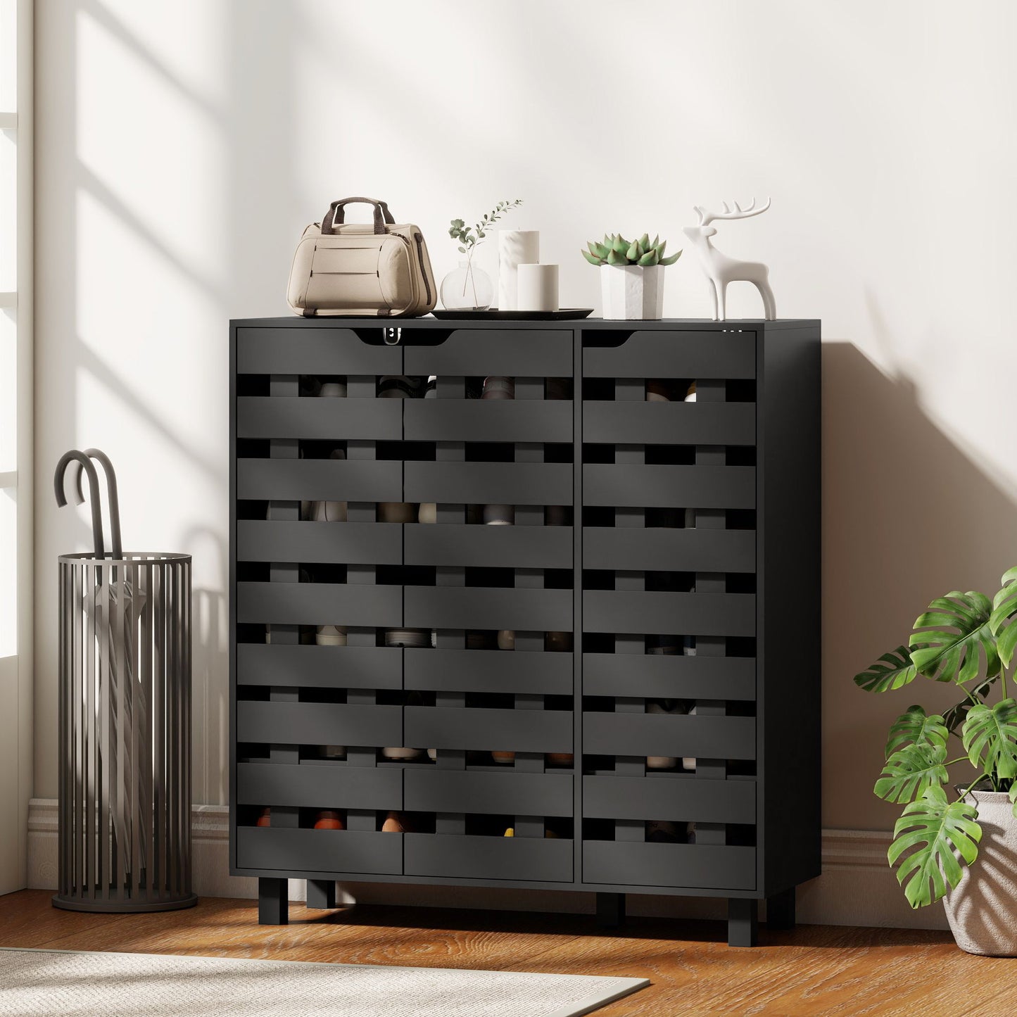 Shoe Cabinet, 20 Pair Shoe Storage Cabinet with Hollowed-Out Doors, Black