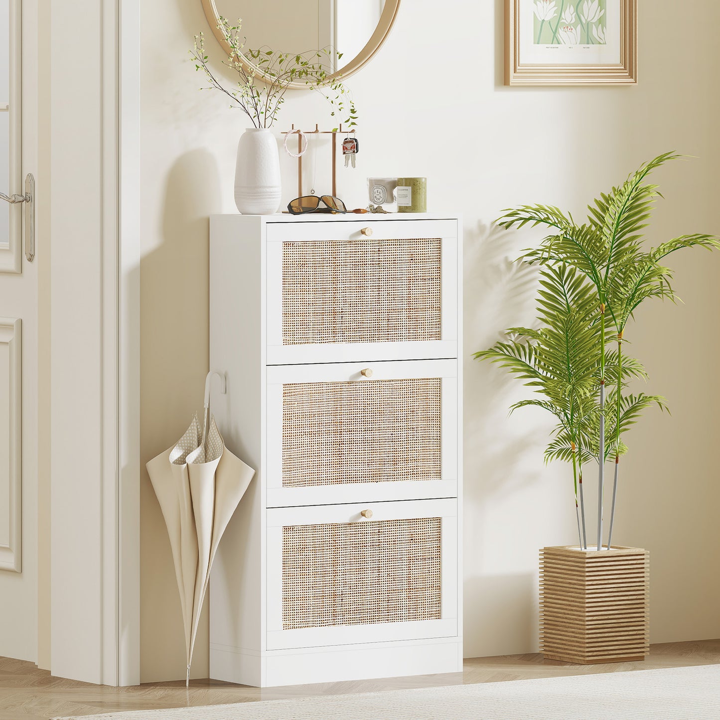 Rattan Shoe Storage Cabinet with 3 Flip Drawers and Adjustable Shelves, Entryway Shoe Cabinet for 18 Pairs, White