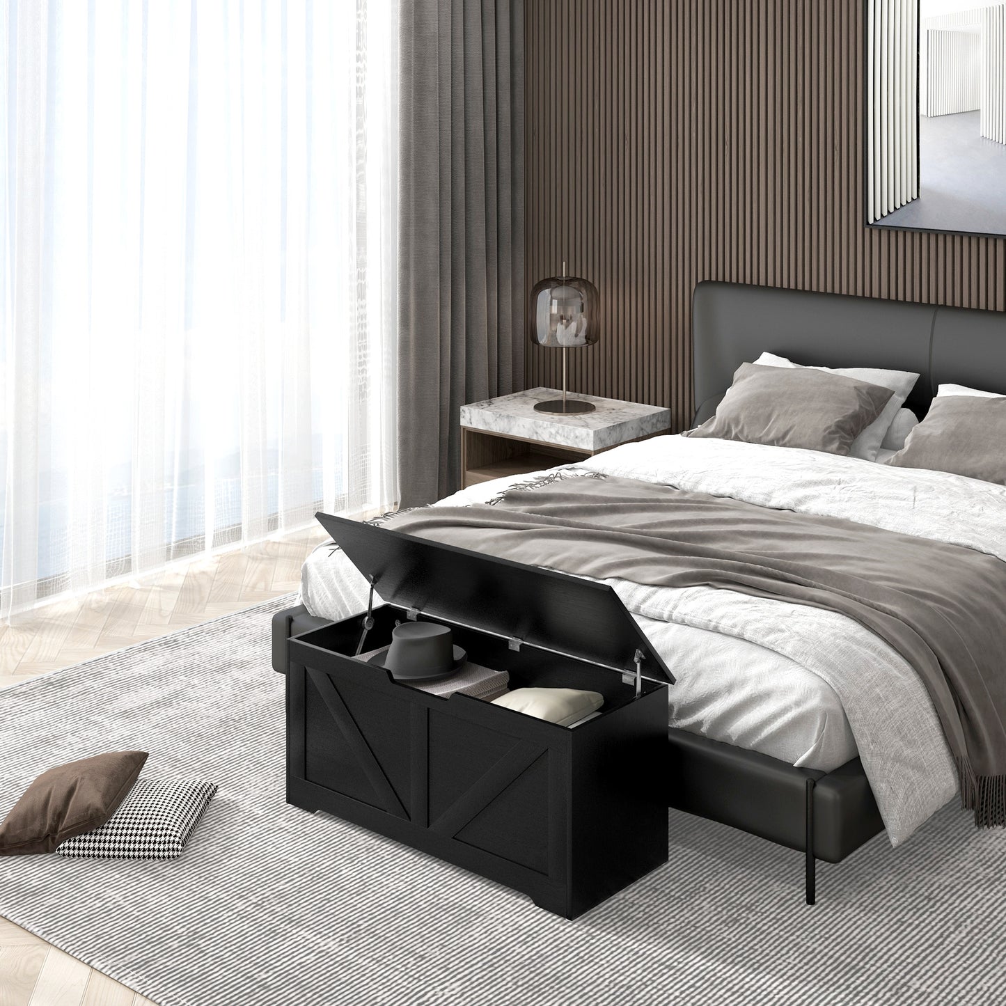 39.4 Inches Storage Chest, Storage Trunk with 2 Safety Hinges for Living Room, Black Wood Grain
