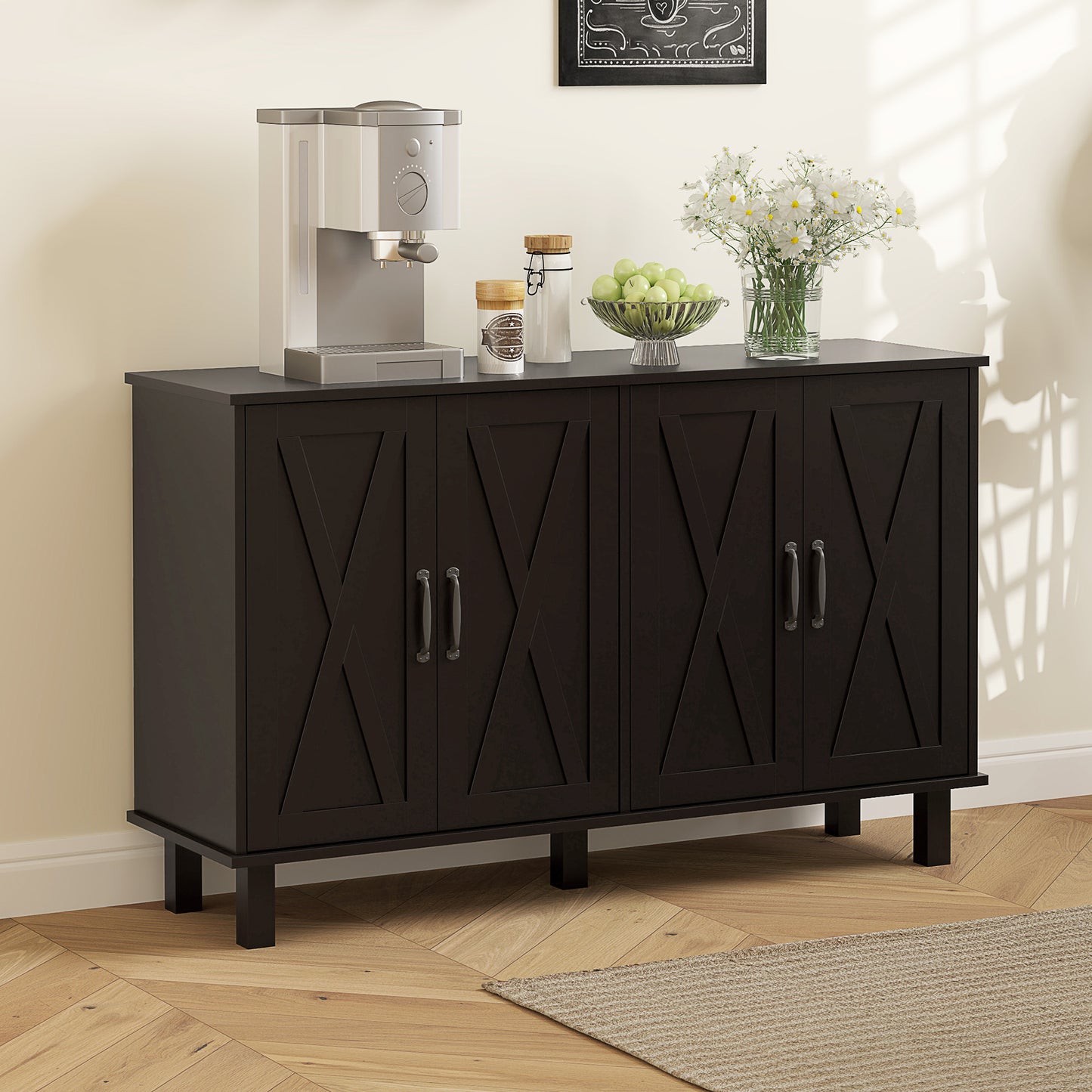 Kitchen Sideboard Cabinet with 4 Barn Doors and 2 Adjustable Shelves, Buffet Table for Living Room, Hallway, Black