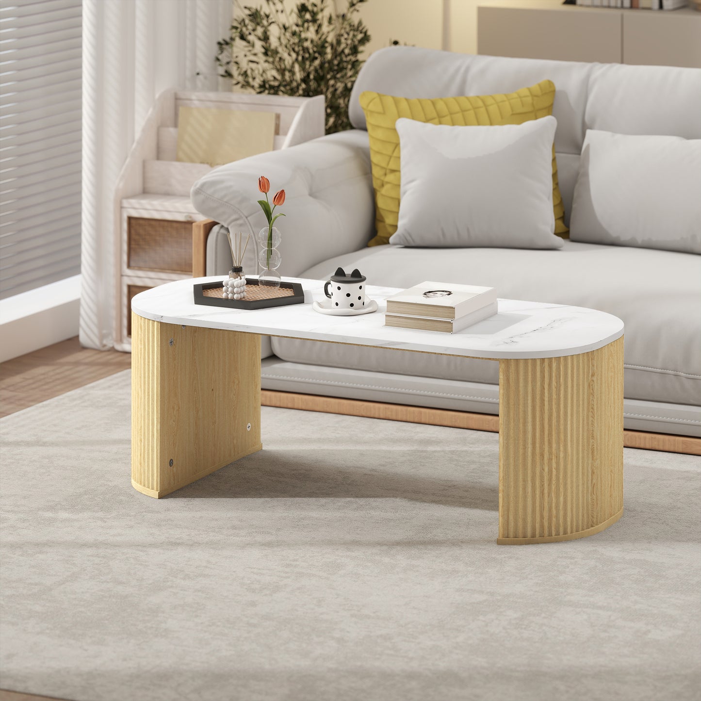 Coffee Table, Modern Marble-Effect Living Room Table with Round Corners and Thicken Legs, Natural Wood