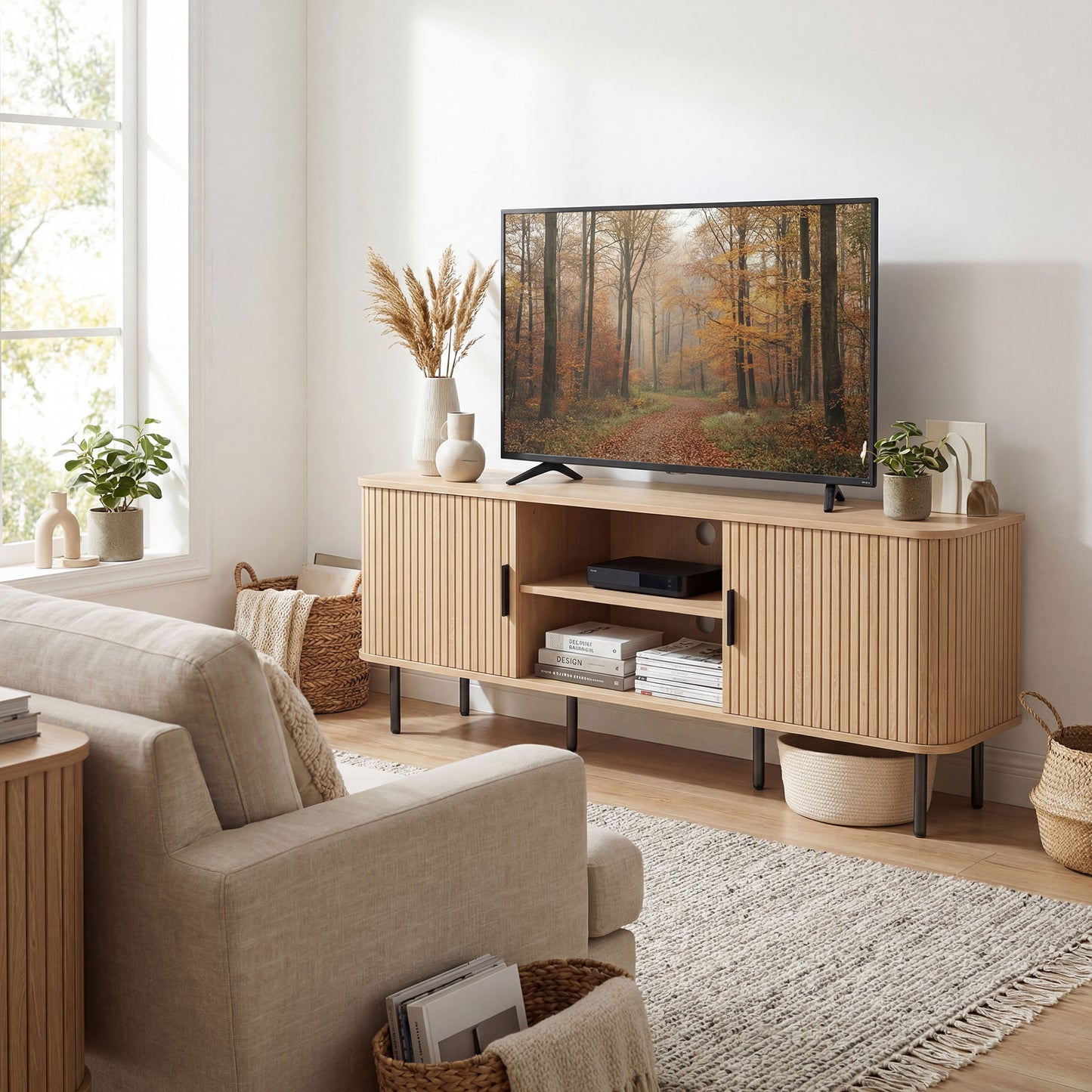 TV Stand Cabinet for TVs up to 65 Inches, TV Unit with Storage Shelves and Cabinets for Living Room, Oak Tone