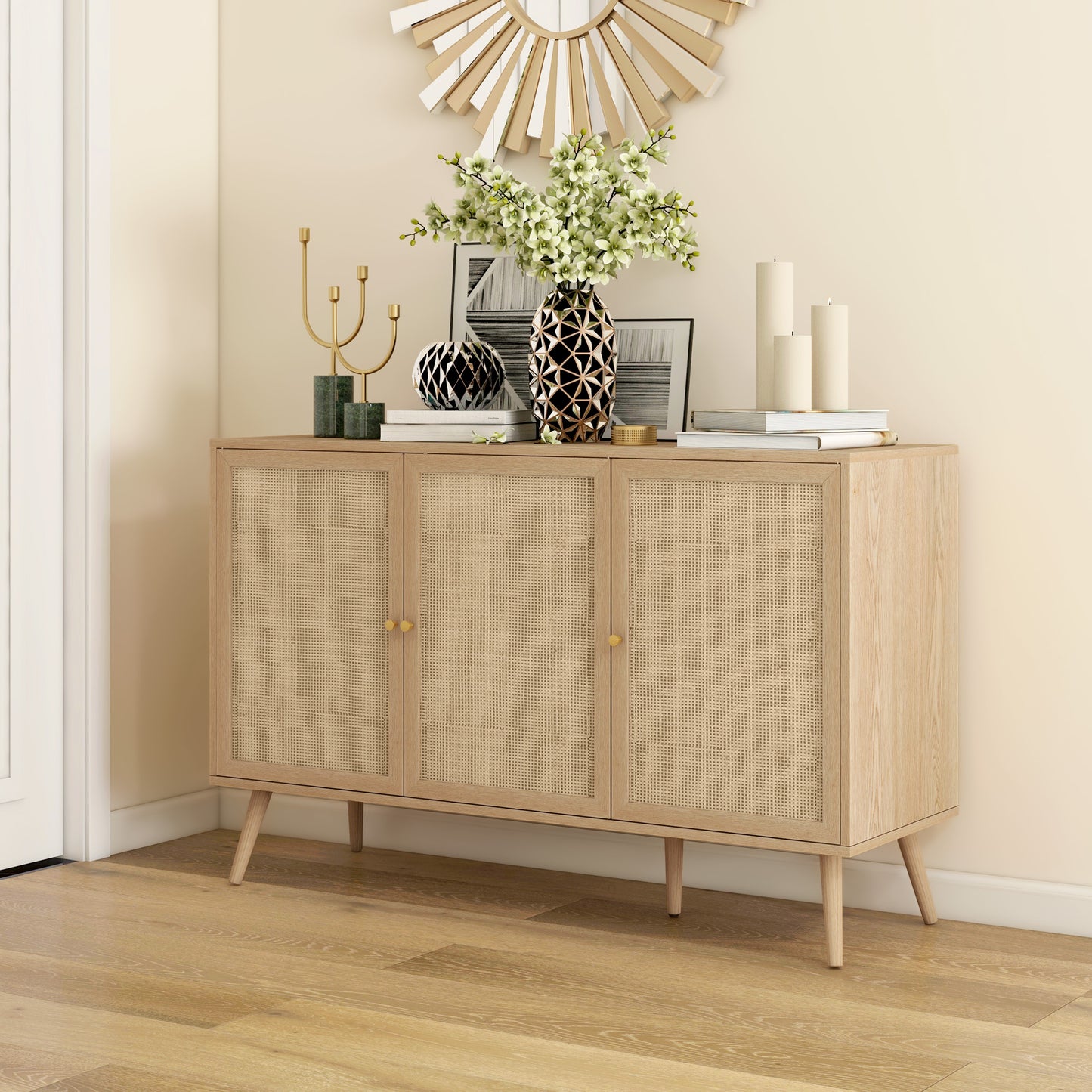 Kitchen Sideboard Cabinet, Boho Storage Cabinet with Shelves, Wood Legs, Decorative Rattan Doors, Natural