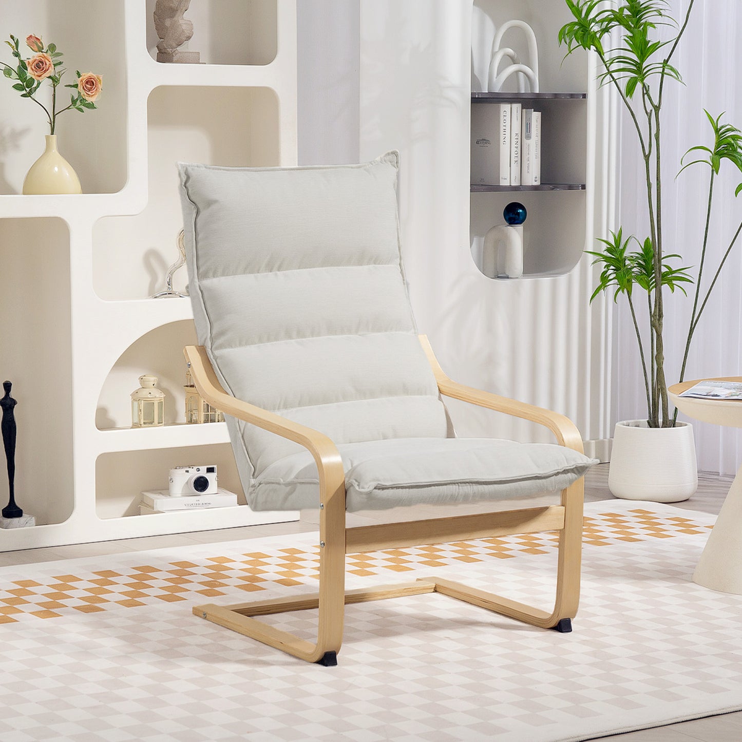 Birch Wood Fabric Modern Armchair, Accent Chair with Curved Leg and Arm for Living Room, Cream White
