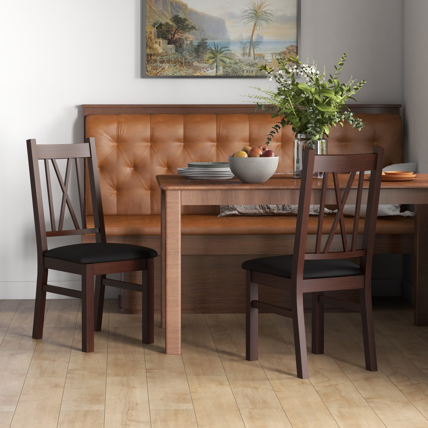 Farmhouse Dining Table Chairs Set of 2, Pine Wood Kitchen Table Chairs with PU Leather Cushion for Living Room, Bedroom
