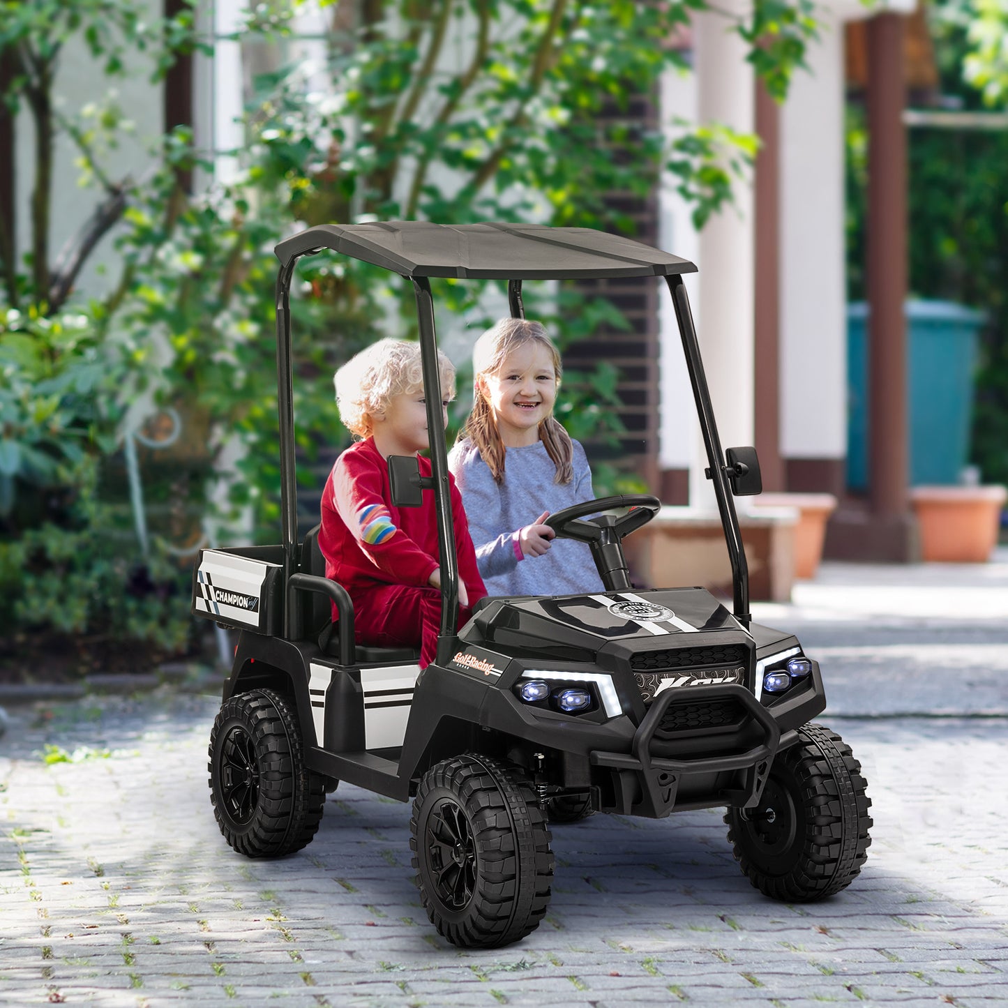 Qaba 24V 2 Seater Electric Car for Kids w/ Remote Control, 4 Wheels Spring Suspension, Soft Start, Storage, Sunshade, Black