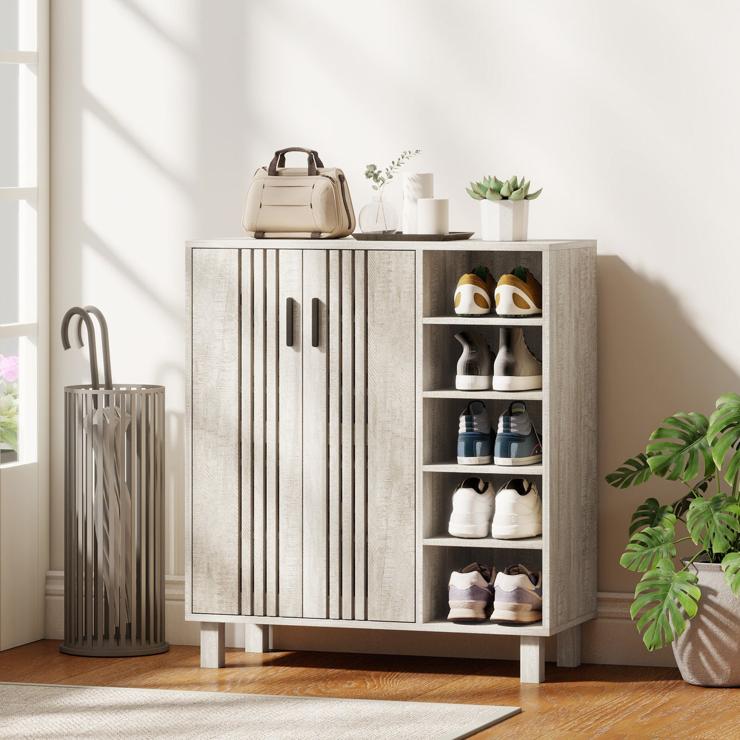 Shoe Storage with Double Doors and Open Shelves 17 Pair Shoe Storage Organizer for Entryway Hallway Light Grey