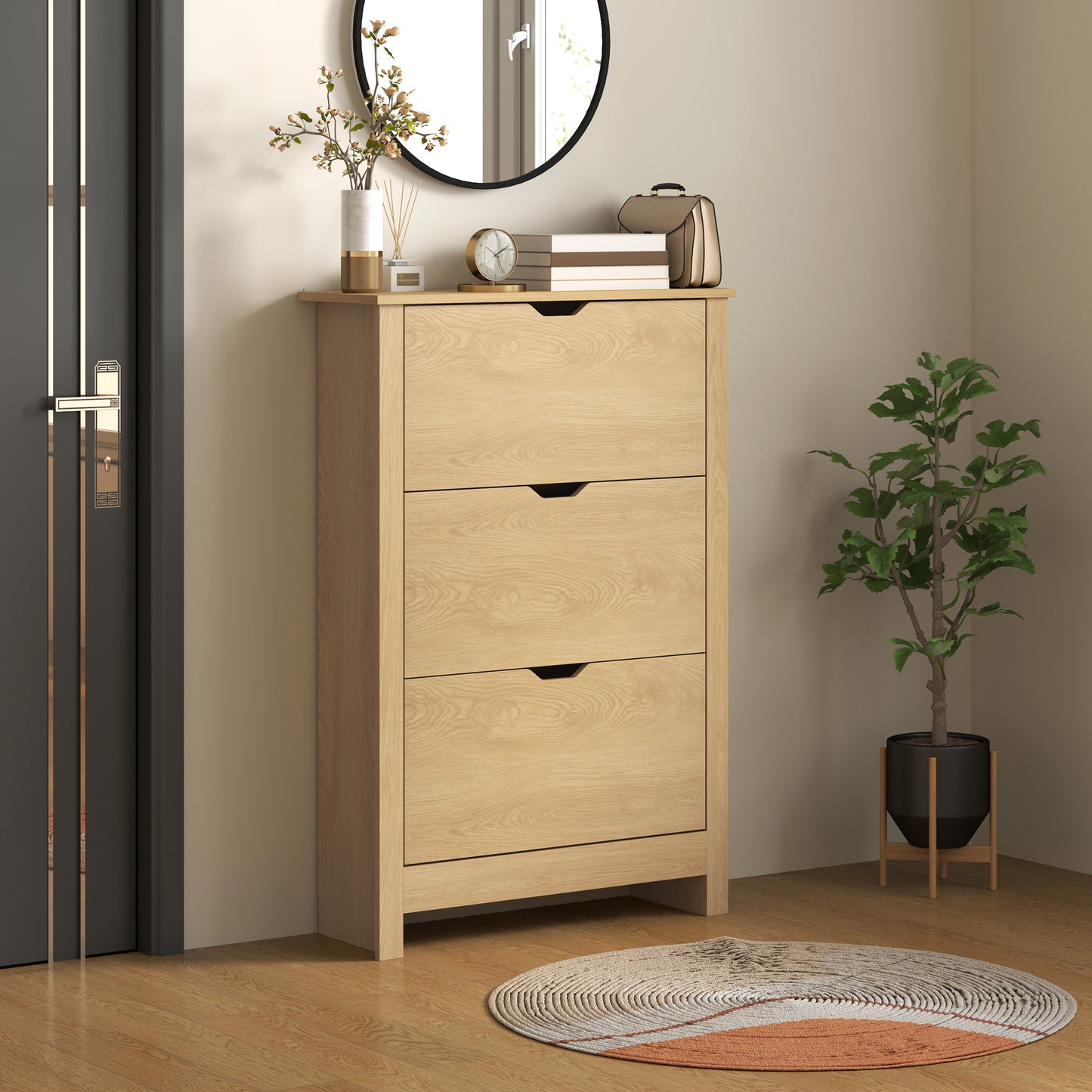 Shoe Storage Cabinet with 3 Flip Drawers and Adjustable Shelves for 18 Pairs of Shoes, Natural Wood