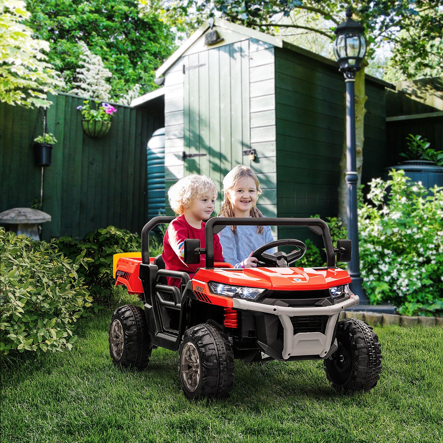 Aosom 12V Ride on Car with Electric Bucket, Two-Seater, Shovel, Remote Control, Spring Suspension, Horn, Music, Red