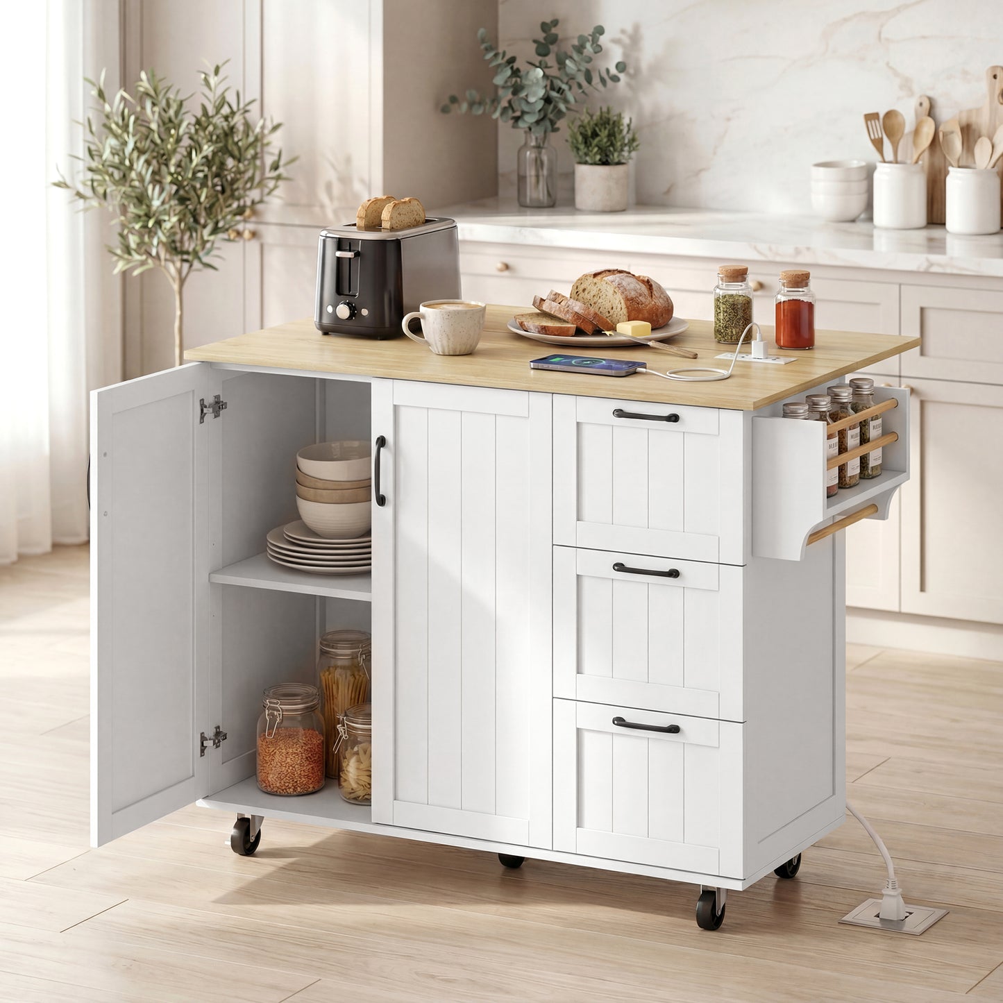 Kitchen Island with Drop Leaf, Rolling Kitchen Cart with Power Outlet, Cabinet, 3 Drawers, Spice Rack, Towel Bar, White