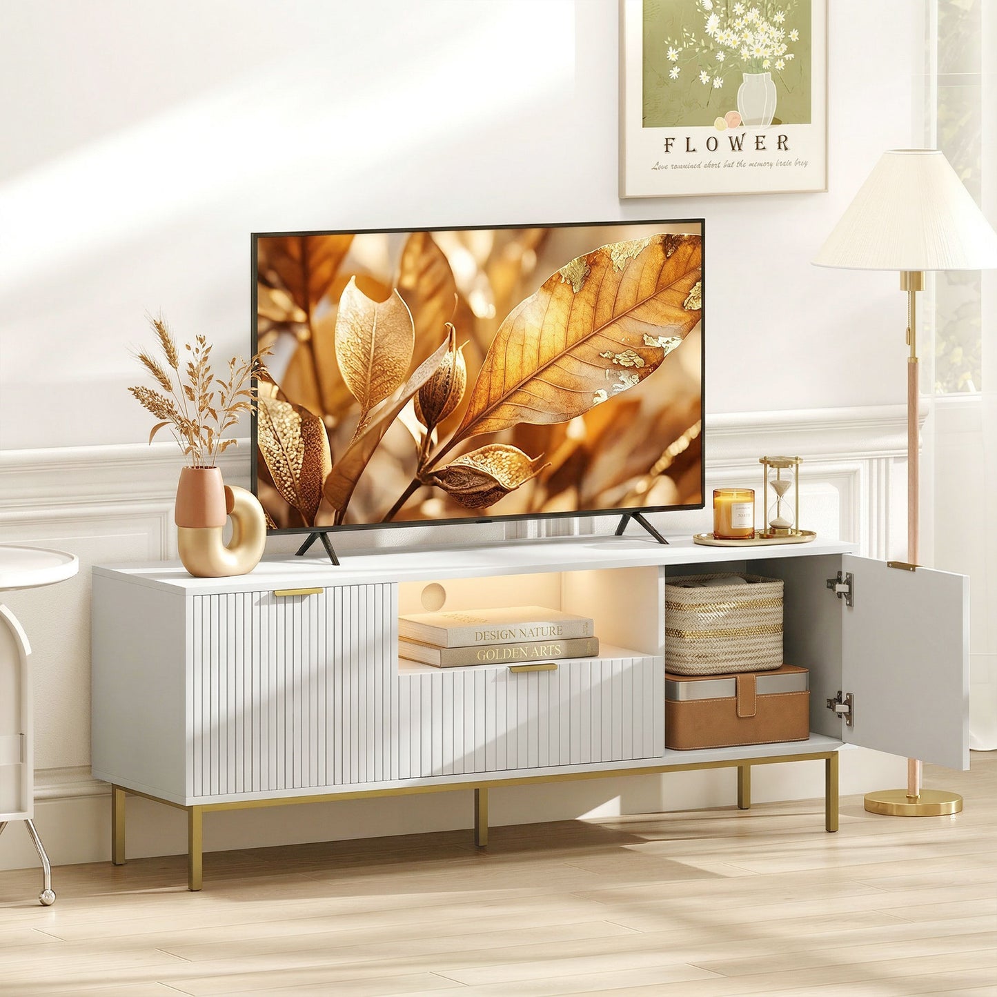 Modern TV Console for TVs up to 60 Inch, Entertainment Center with Smart RGB LED Lights and Soft Close Doors, White