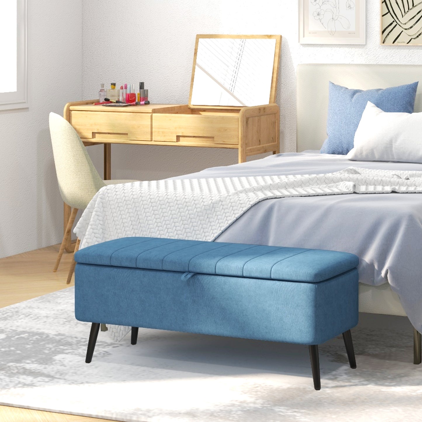 40" Ottoman with Storage, Linen Upholstered Storage Ottoman Bench with Steel Legs for Living Room, Bedroom Dark Blue
