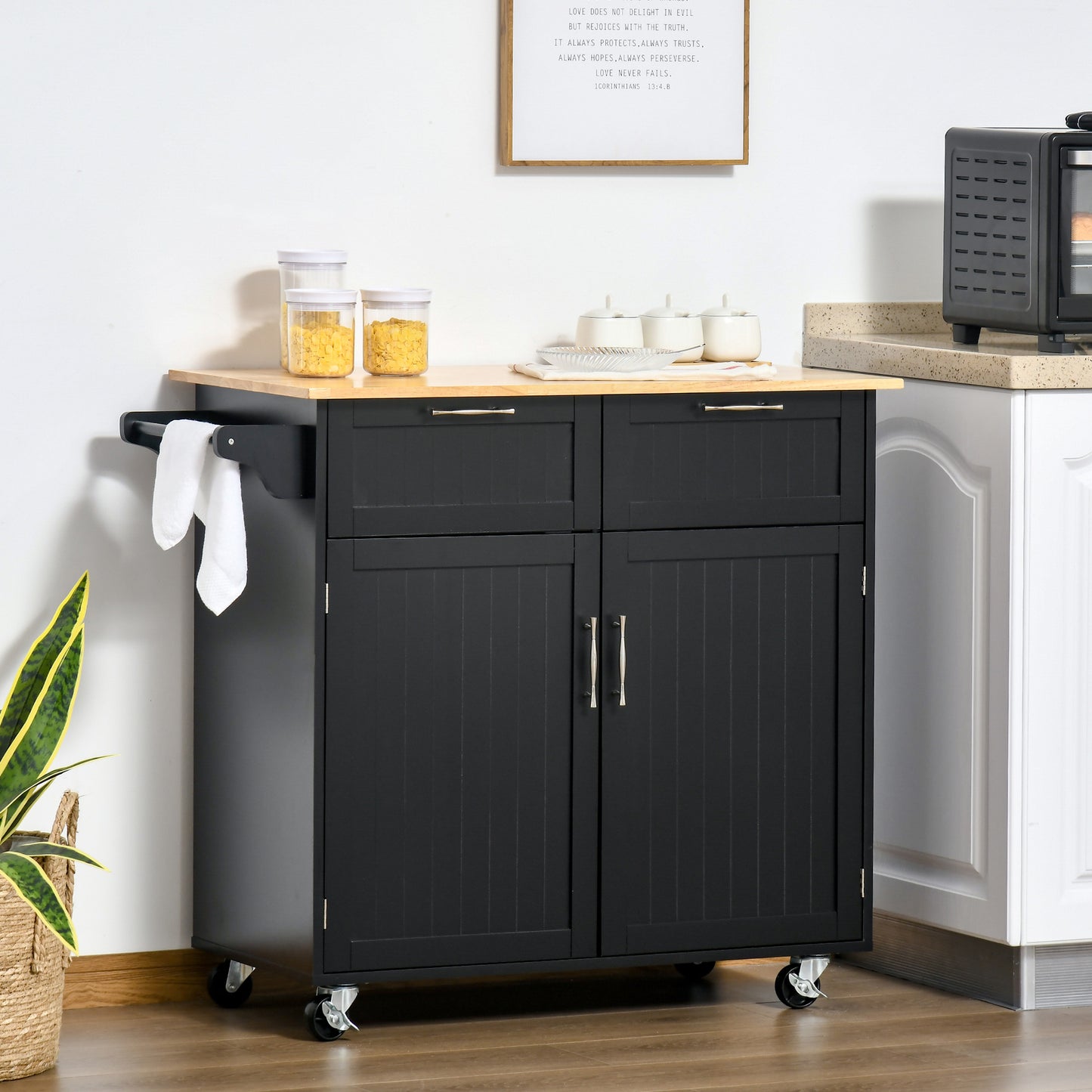 Rolling Kitchen Island, Kitchen Cart on Wheels with 2 Storage Drawers, 2 Door Cabinets and Towel Rack for Dining Room (Black, 2-Doors)