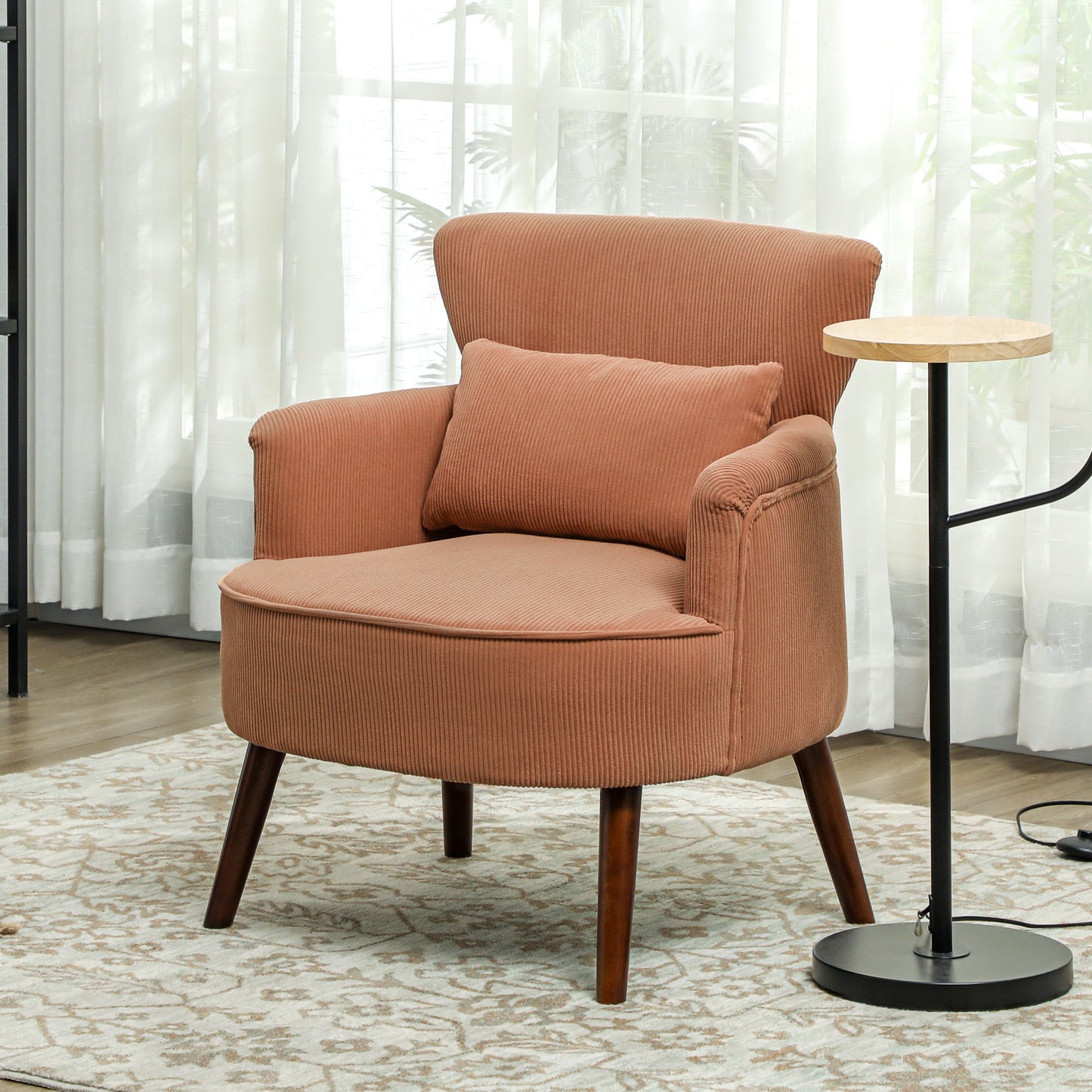 Modern Accent Chair, Upholstered Armchair with Solid Wood Legs and Lumbar Pillow for Living Room, Orange