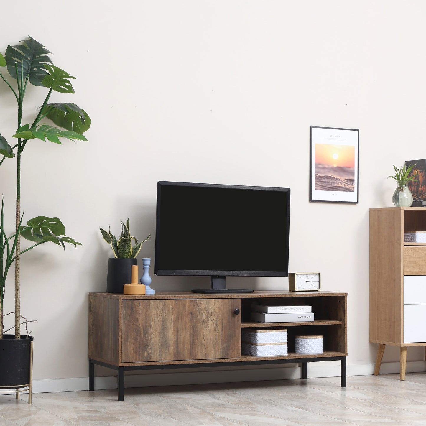 Retro TV Cabinet for TVs up to 50", TV Stand with Compartment and Adjustable Shelf, Media Console with Sliding Door for Living Room, Coffee
