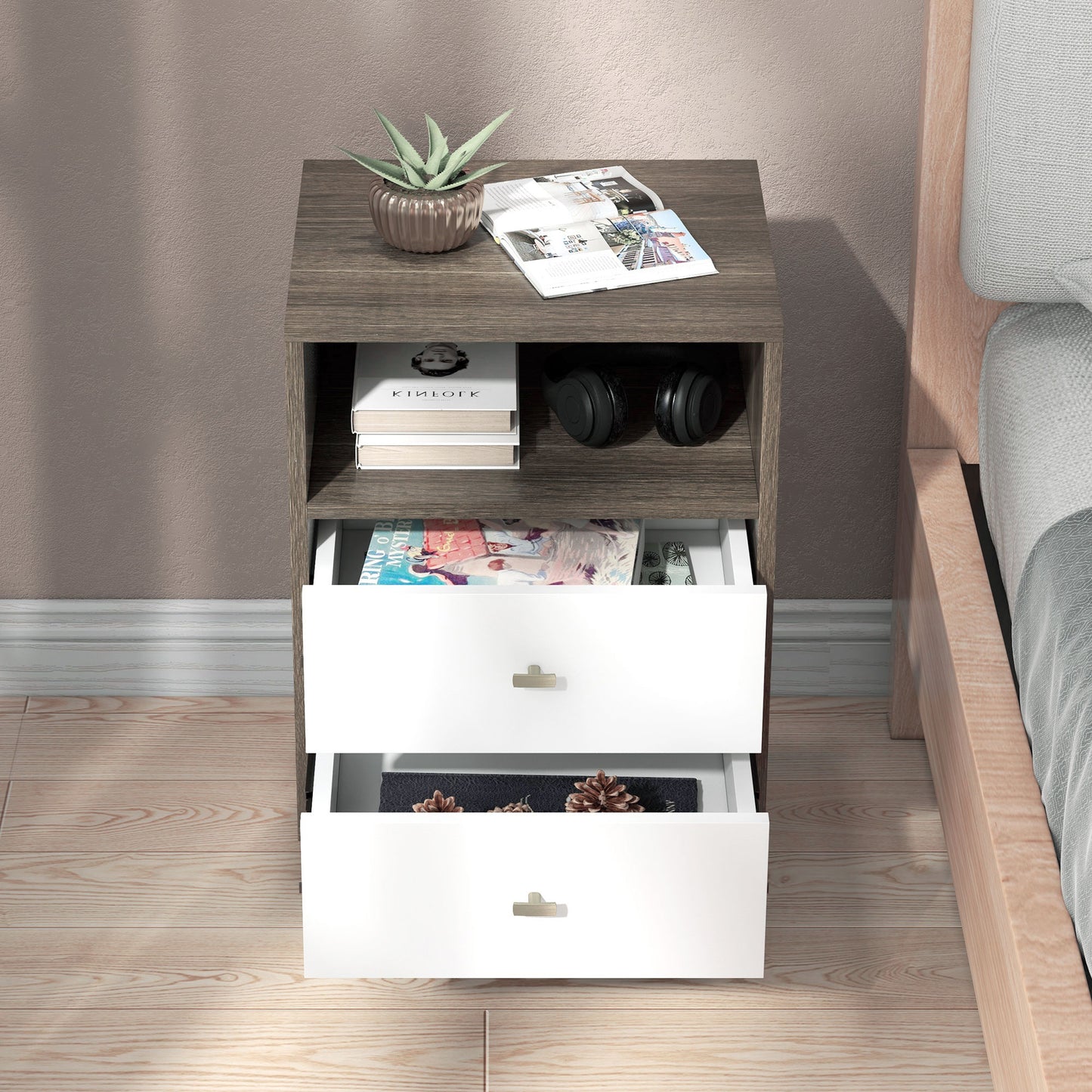 Nightstand Set of 2, Modern Bedside Table, Night Stand for Living Room with 2 Drawers and Open Storage, Grey