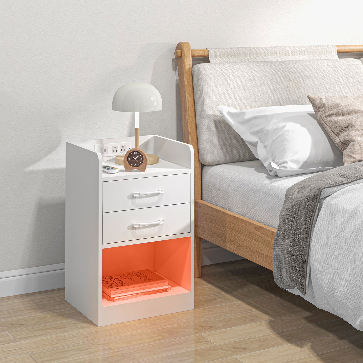 Tall Nightstand with Charging Station and LED Lights, Small Bedside Table with AC Outlets, USB Ports, 2 Drawers, Shelf