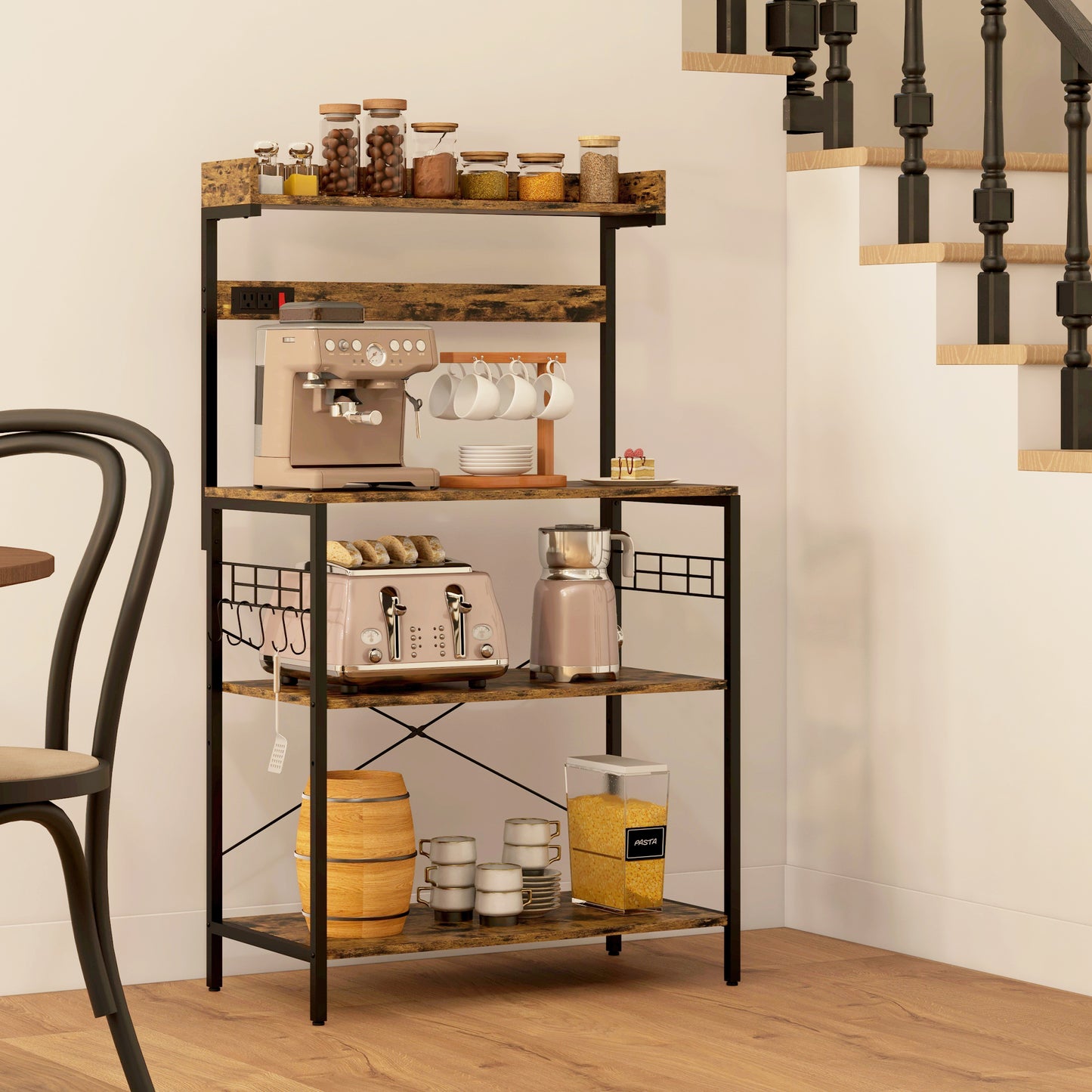 Kitchen Baker's Rack with Power Outlet, Coffee Bar Station with Adjustable Shelves and Hooks, Rustic Brown