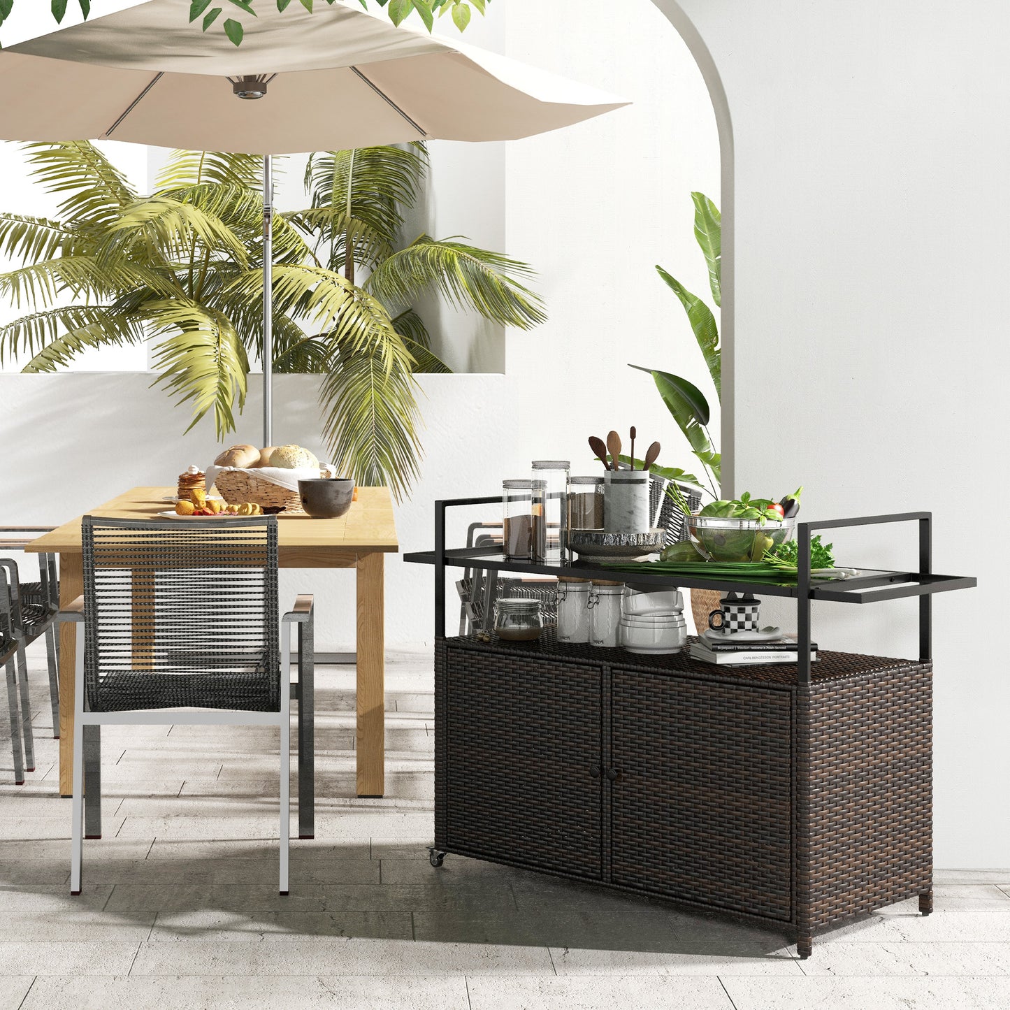 2-Tier PE Rattan Outdoor Bar Cart, Glass Top Outdoor Kitchen Island with Cabinet, Mixed Brown