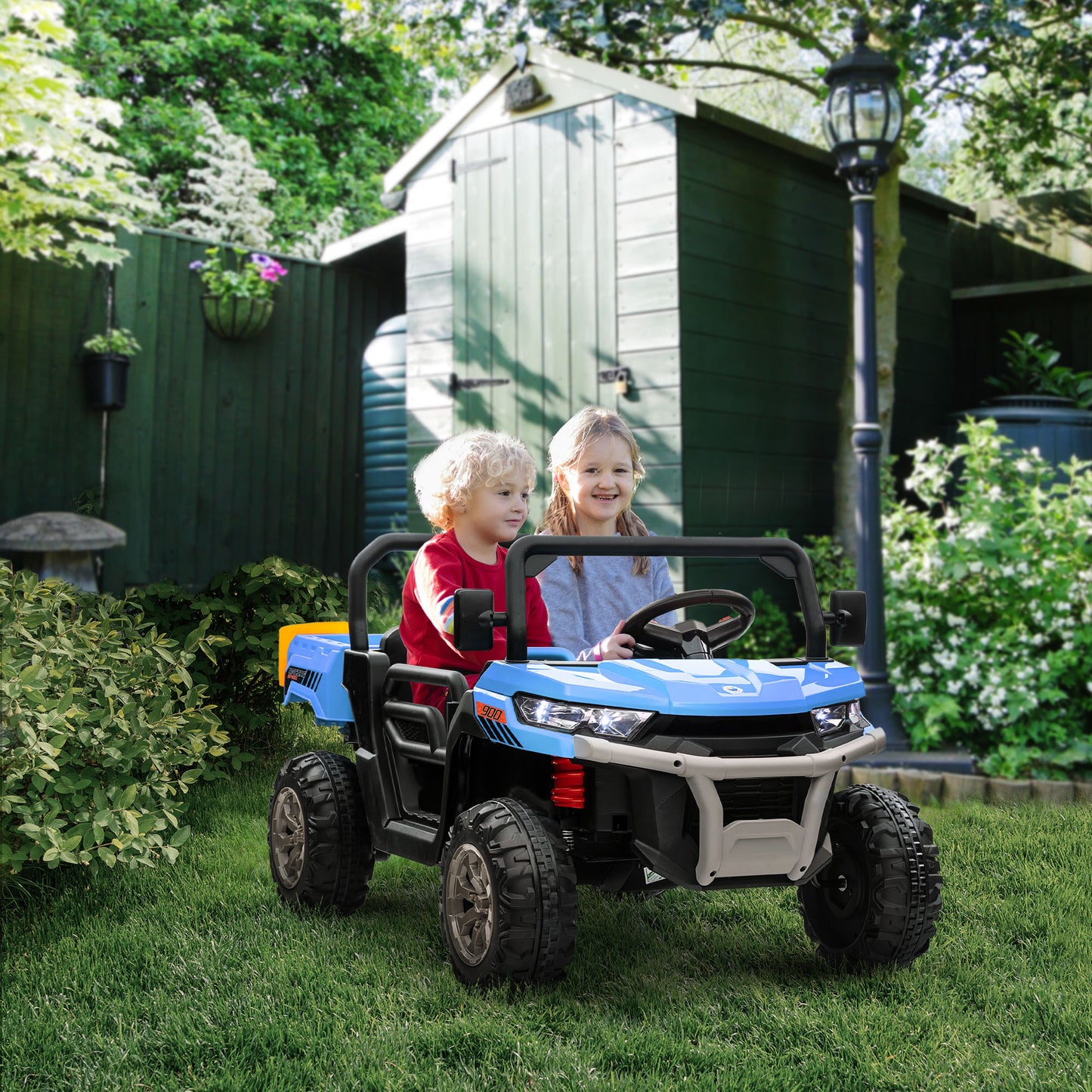 Aosom 12V Ride on Car with Electric Bucket, Two-Seater, Shovel, Remote Control, Spring Suspension, Horn, Music, Blue