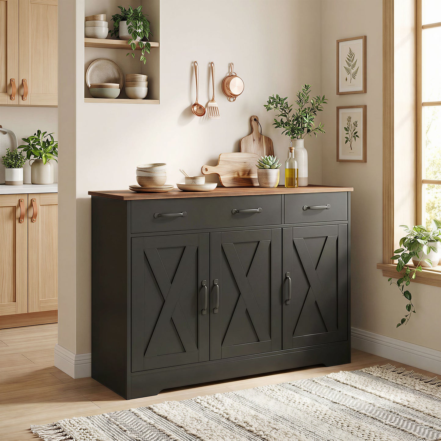 Sideboard Buffet Cabinet, 43" Farmhouse Kitchen Cabinet with 3 Barn Doors, 2 Drawers, 2 Adjustable Shelves, Black