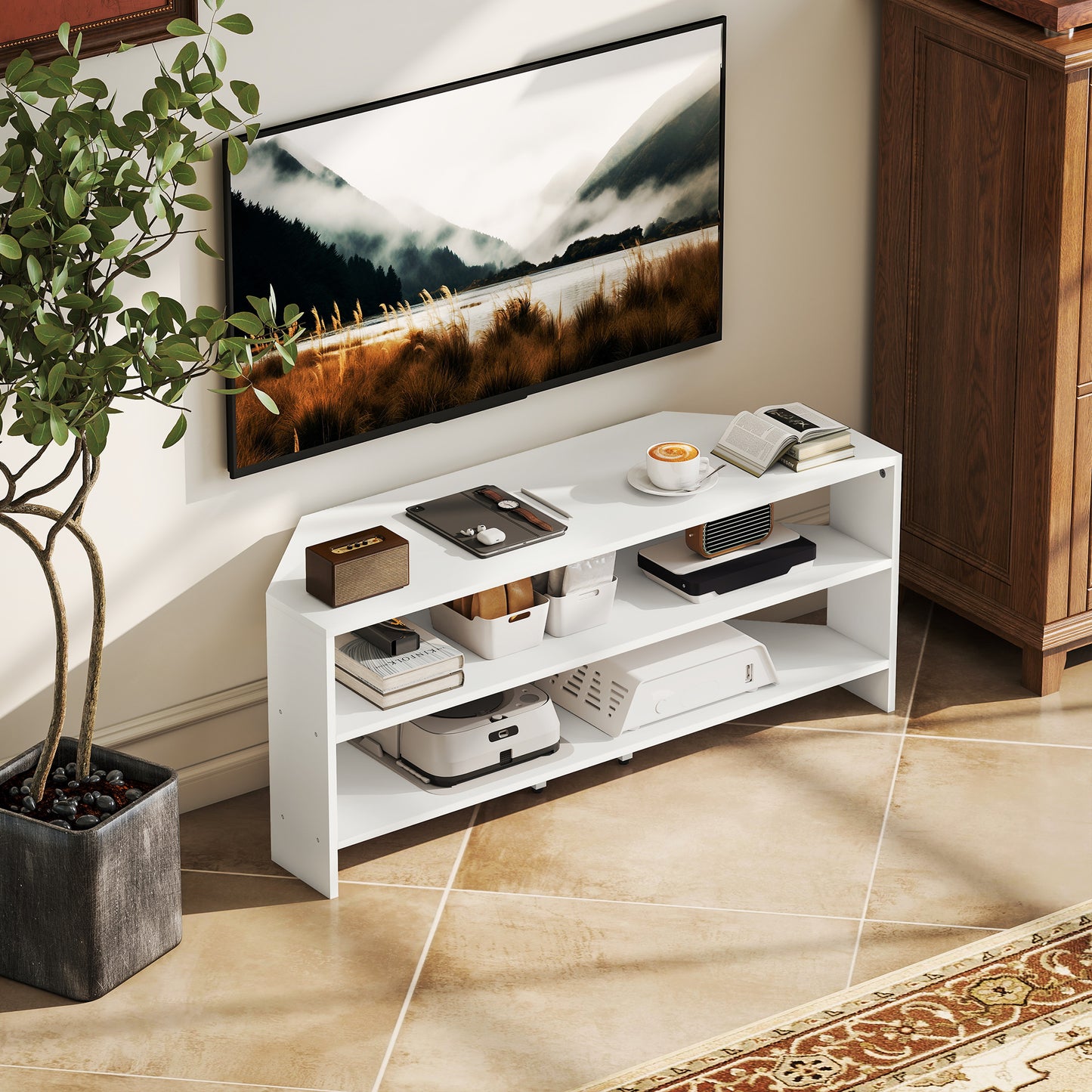 Corner TV Stand, Modern TV Table with 2 Open Shelves for 47 Inch TV, Entertainment Center for Living Room, White