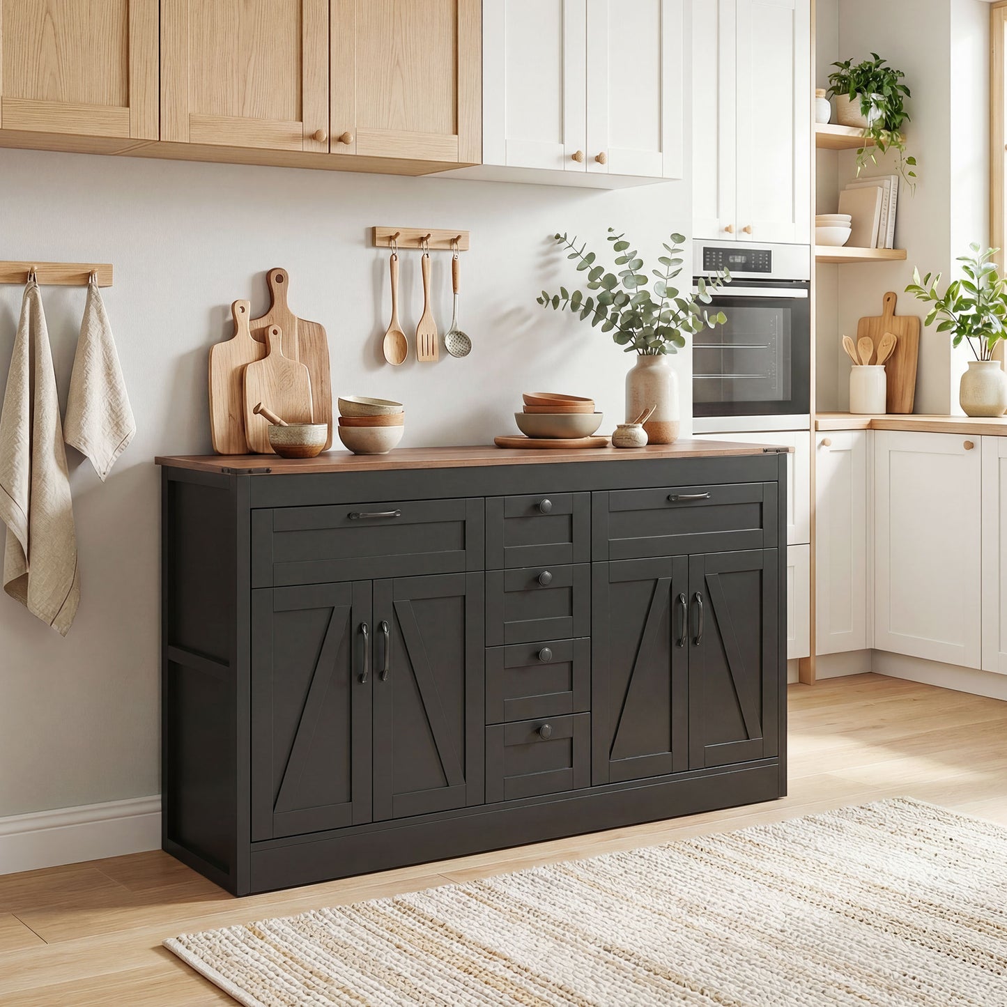 Sideboard Buffet Cabinet, 55" Farmhouse Kitchen Cabinet with 4 Barn Doors, 6 Drawers and 2 Adjustable Shelves, Black