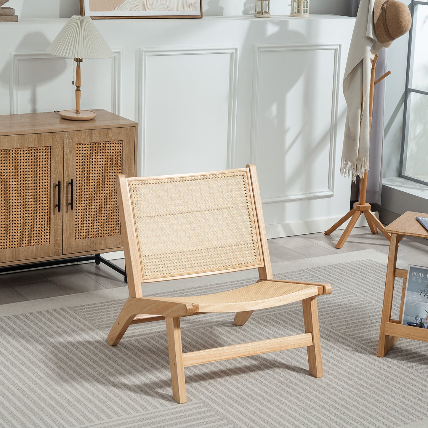 Rattan Accent Chair, Mid-Century Leisure Chair with Rubber Wood Frame, for Bedroom Living Room, Natural