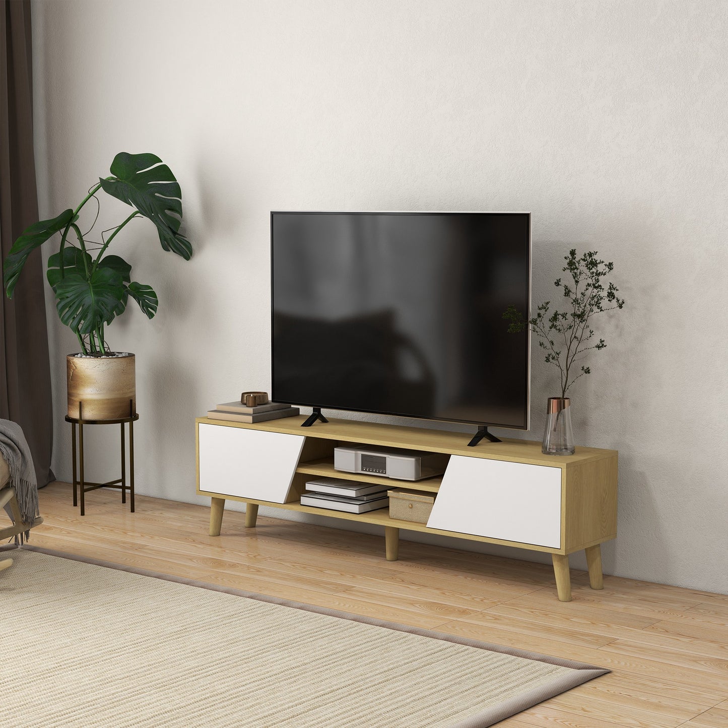 TV Stand for 65 Inch Television, Entertainment Center with Soft Closing Door and Rubberwood Legs, Oak and White