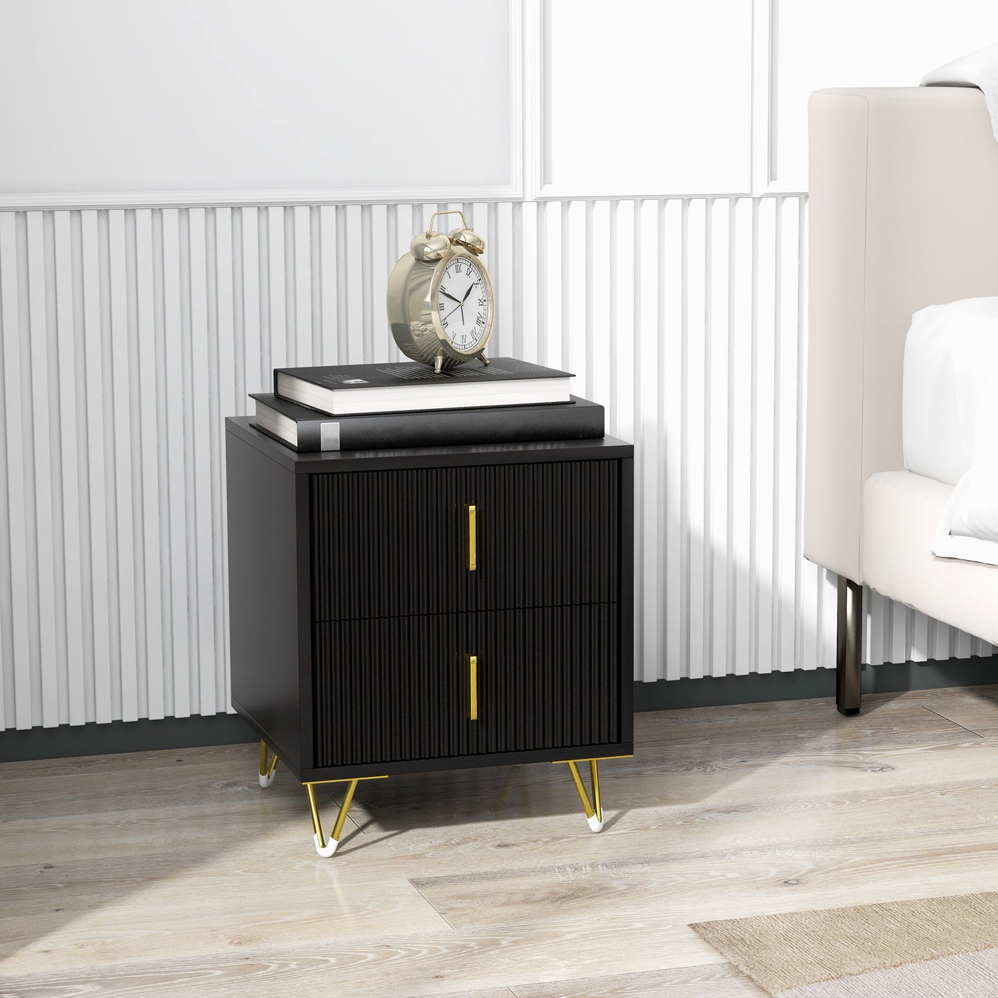 Bedside Table, Modern Nightstand with 2 Drawers, Side End Table with Metal Legs for Living Room, Bedroom, Black