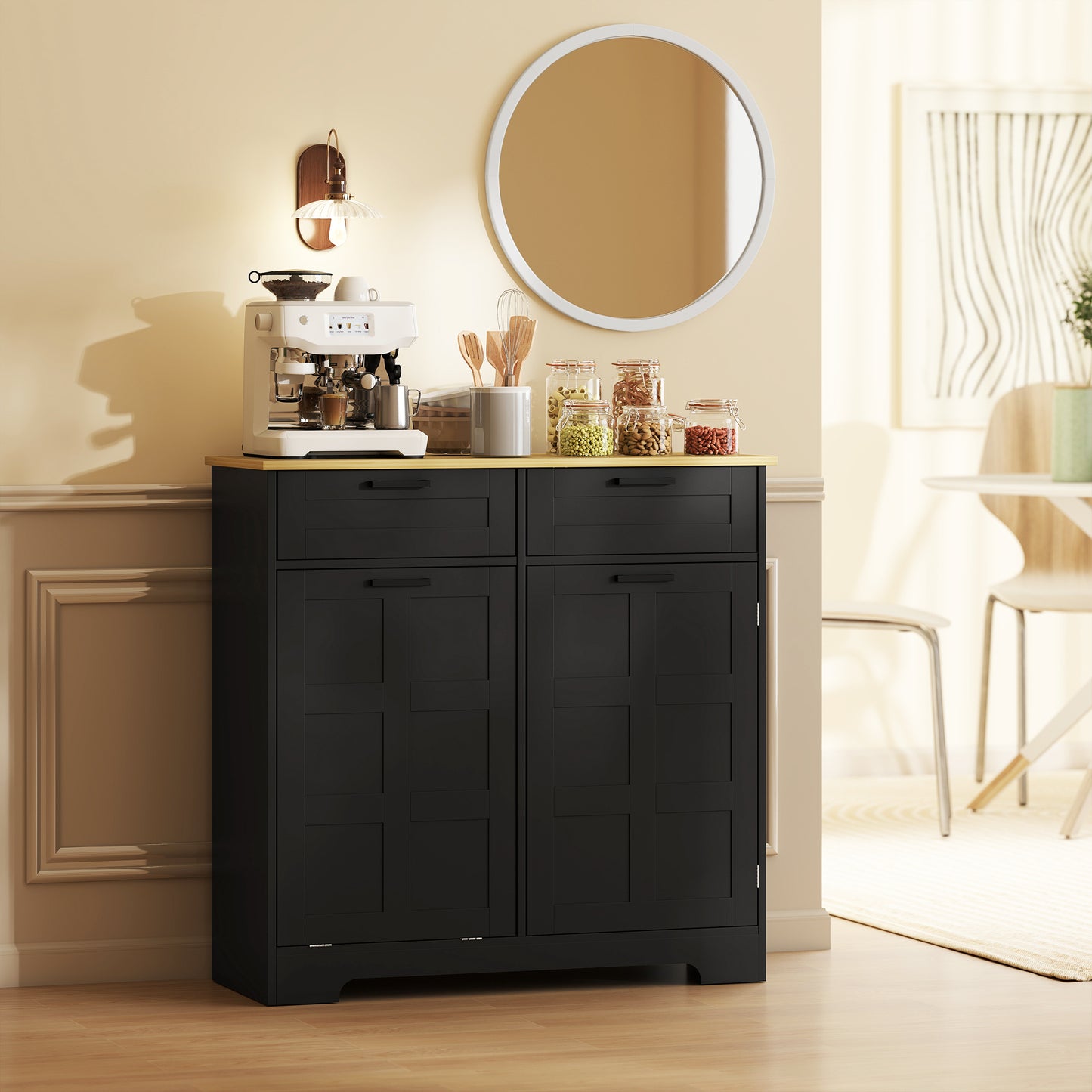 13 Gallon Tilt Out Garbage Cabinet, Kitchen Island with Trash Cabinet, 2 Drawers, Door Racks, Adjustable Shelves, Black