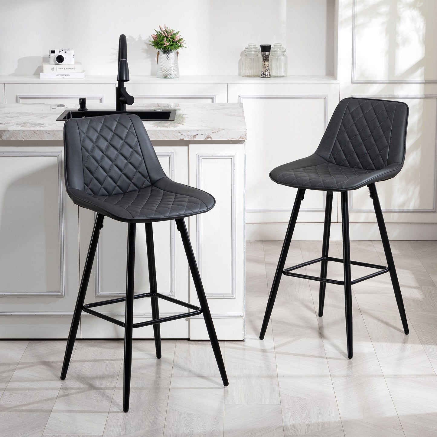 PU Leather Counter Height Bar Chairs Set of 2, 27.75" Bar Stools with Metal Legs for Dining Area, Kitchen Island, Black