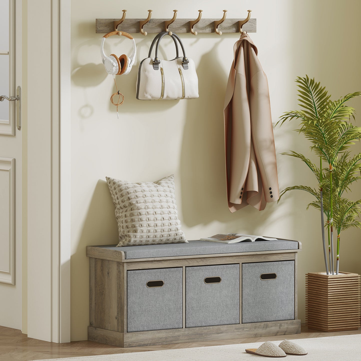 Shoe Storage Bench with Seat, Entryway Bench Seat with Cushion, 3 Fabric Drawers for Hallway, Washed Grey