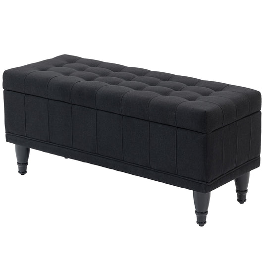 Storage Ottoman, Linen Fabric End of Bed Bench with Button Tufted Storage Bench for Bedroom, Black