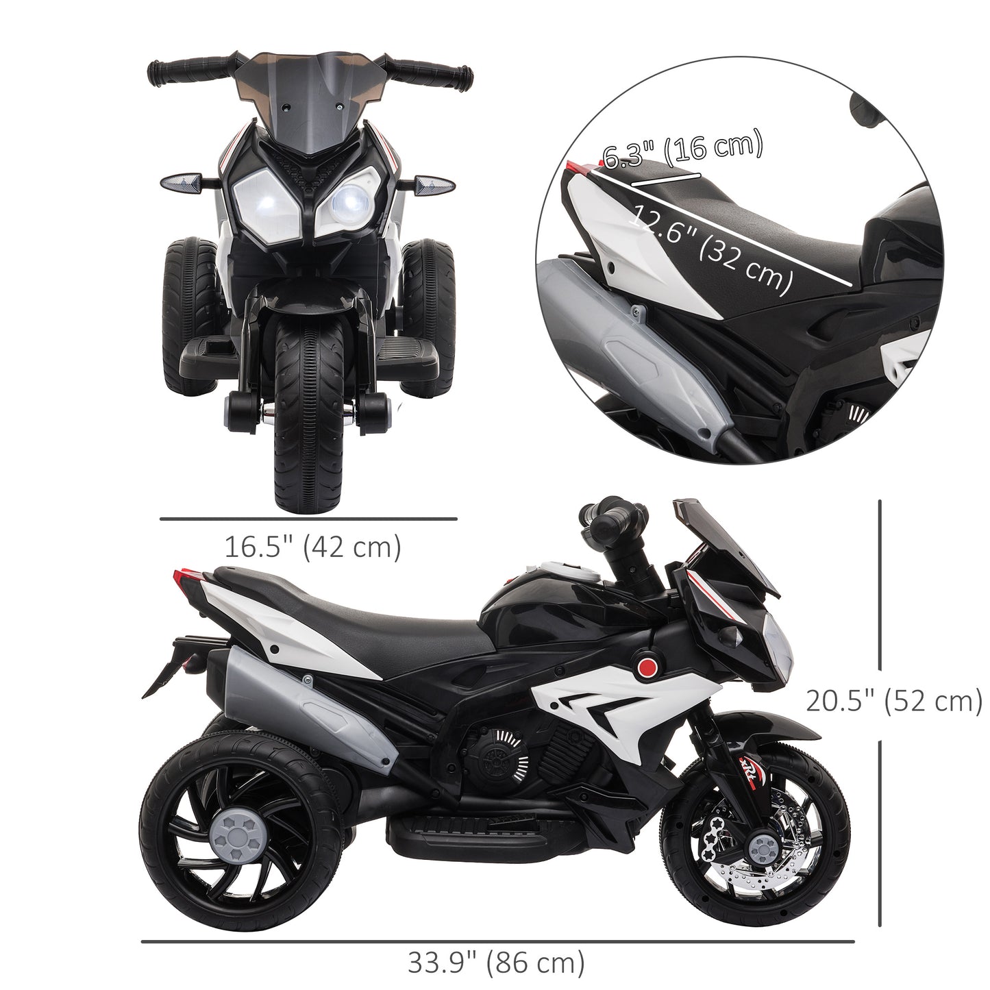 Qaba Kids Electric Motorcycle Ride-On Toy with 3 Wheels, Music, Horn, Lights, Black