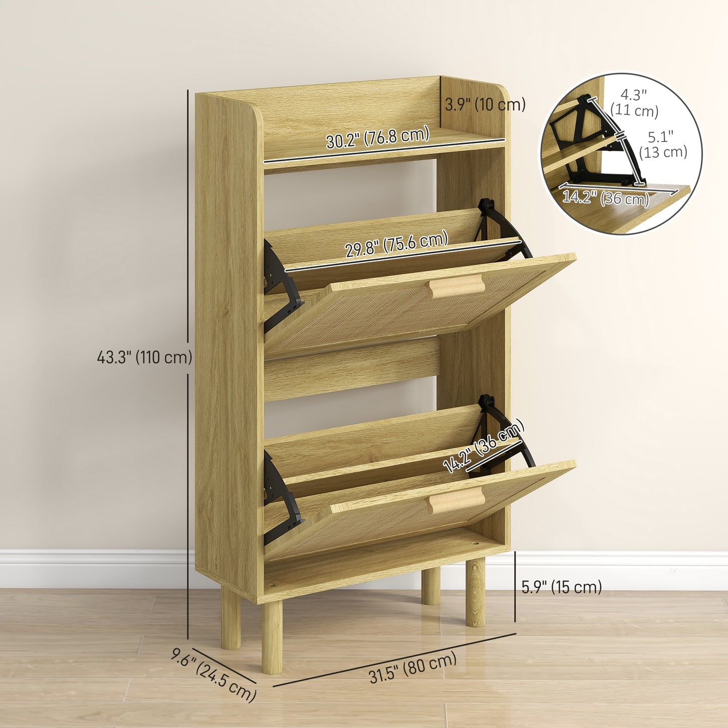 Slim Shoe Storage with 2 Flip Drawers and Adjustable Shelves, Rattan Shoe Cabinet Organizer for 12 Pair, Oak
