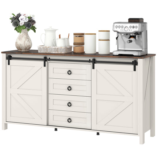60" Buffet Cabinet, Farmhouse Sideboard with Sliding Barn Doors, Drawers and Adjustable Shelves, Cream White