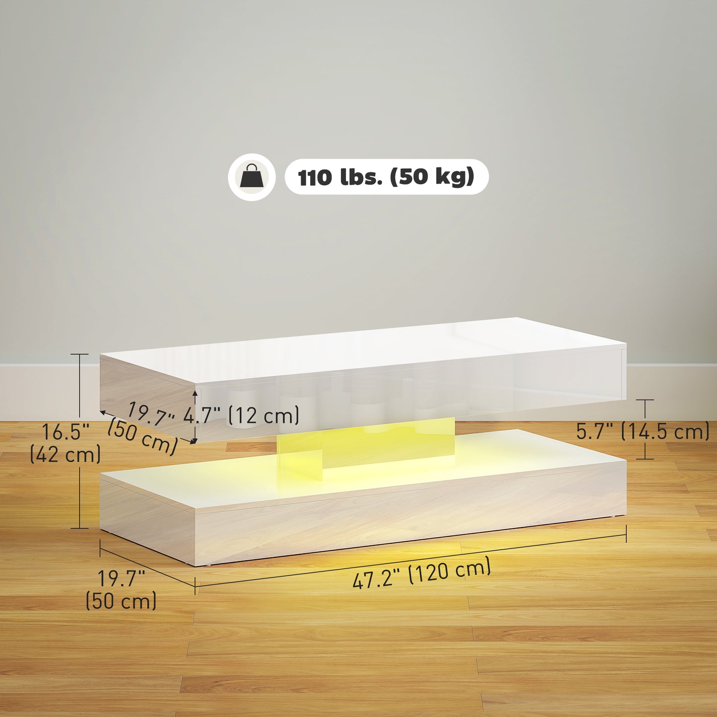 Coffee Table with Adjustable LED Lights, Modern Living Room Table with 2 Drawers, Open Shelf, Remote, High Gloss White