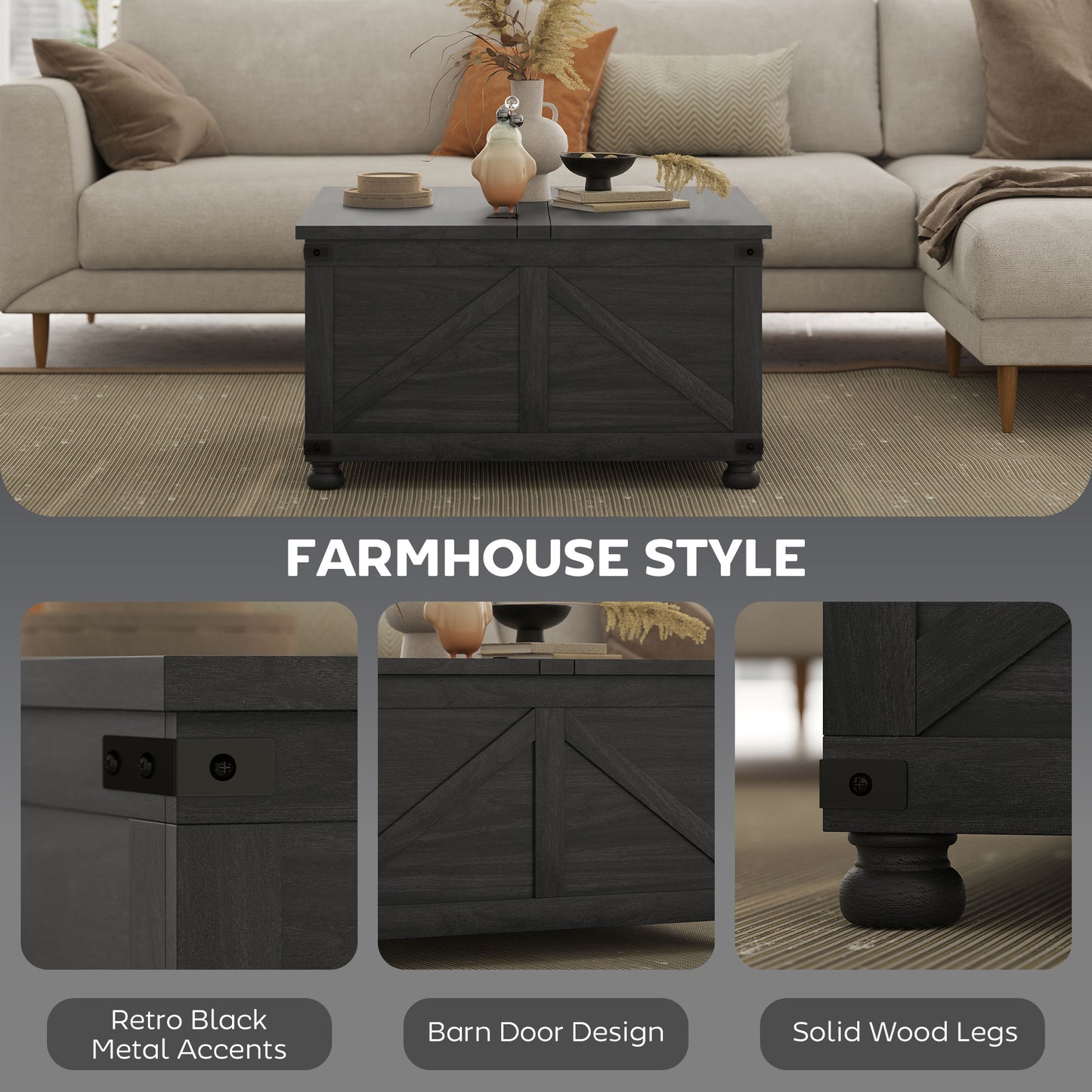 Coffee Table with Lift Top, 32" Farmhouse Center Table with Hidden Compartment for Living Room, Black Wood Grain