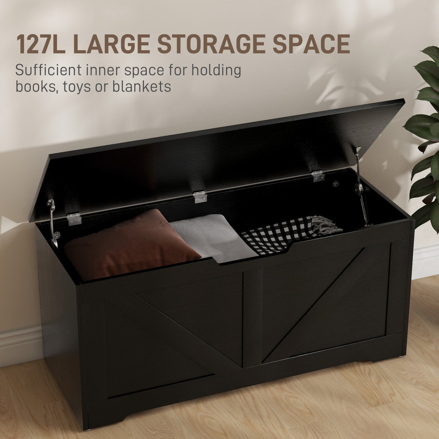 39.4 Inches Storage Chest, Storage Trunk with 2 Safety Hinges for Living Room, Black Wood Grain